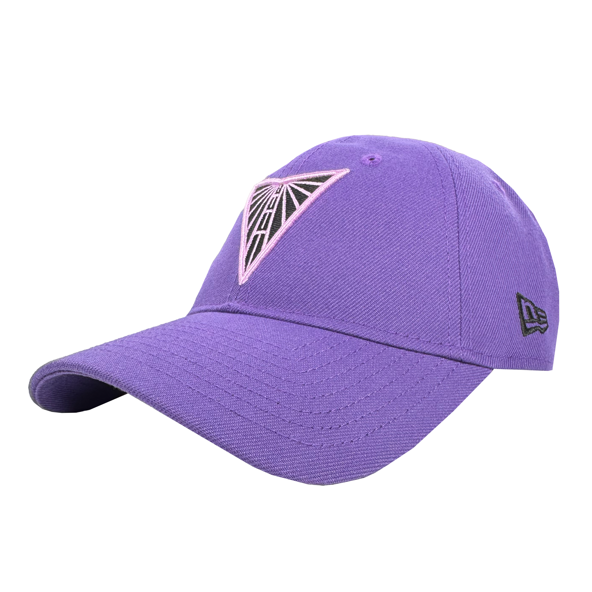 The GSV 9TWENTY Dad hat by GSV features a purple design with a curved brim, a geometric triangular patch with black and light pink lines on the front, a small black embroidered side logo, and an adjustable strap for comfort.