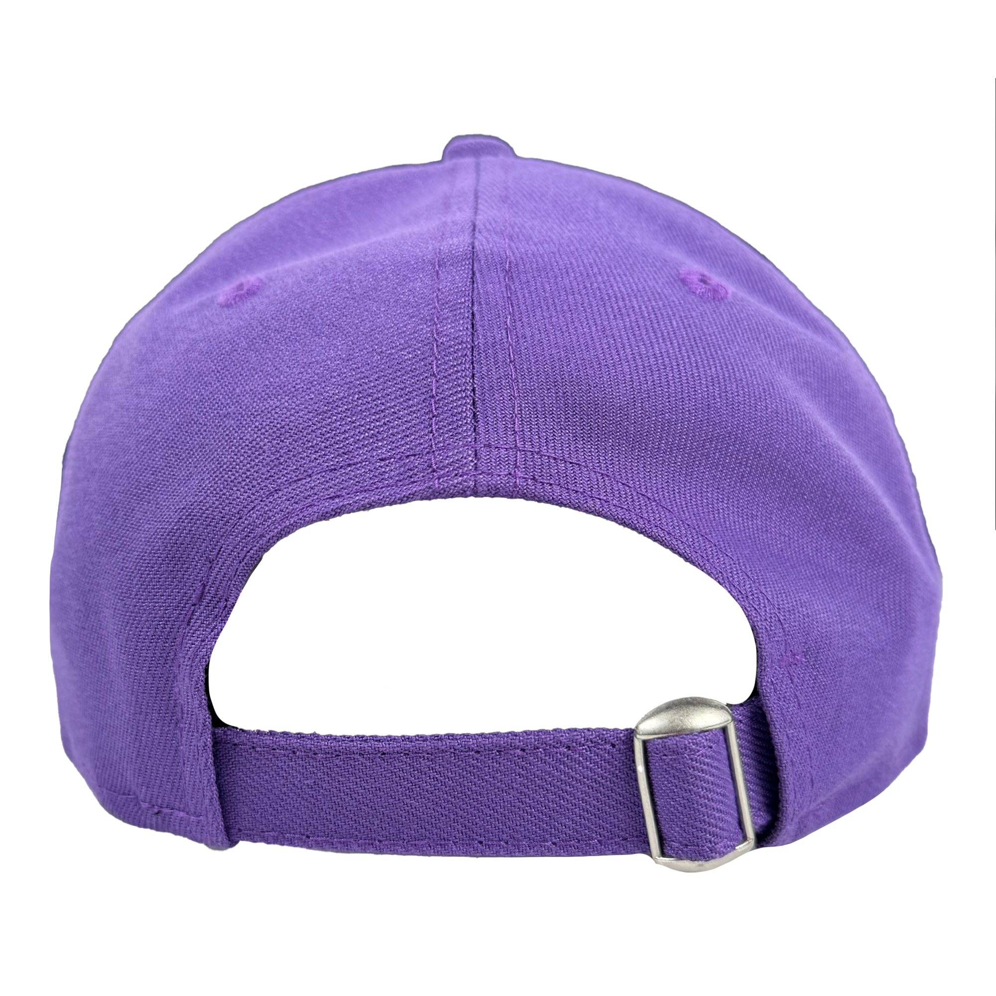 A close-up of the back of the GSV 9TWENTY Dad hat by GSV showcases its purple color, adjustable strap with a silver buckle, and simple design. The white background highlights its vibrant hue and casual style.