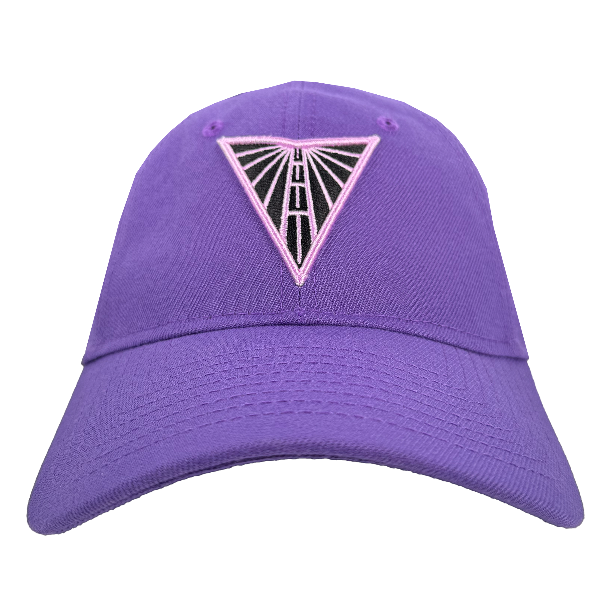 The GSV 9TWENTY dad hat by GSV is purple with a curved brim, featuring a triangular front emblem outlined in pink with black and white geometry. An adjustable strap offers comfort—ideal for Golden State Valkyries fans.