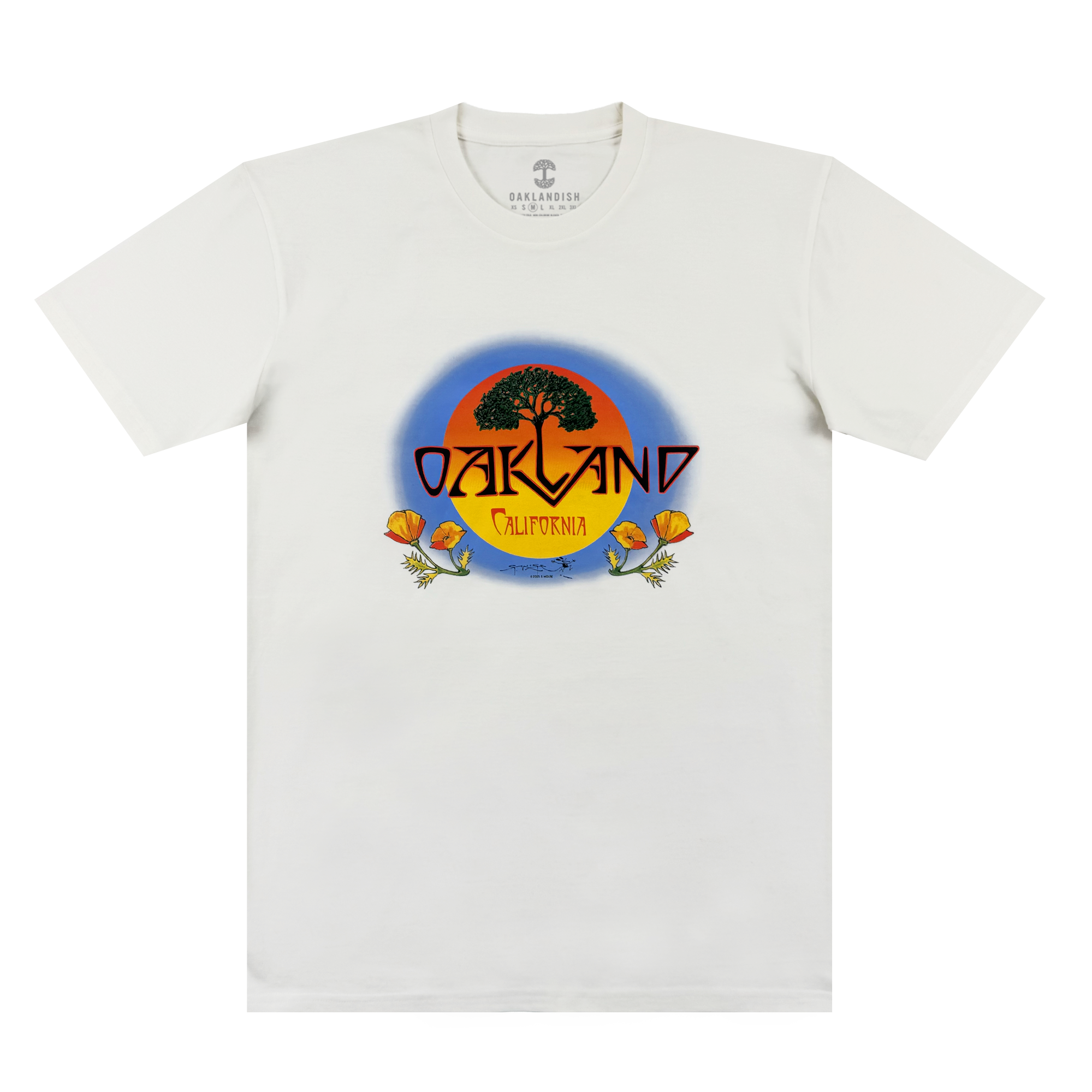 The Oaklandish Vanguard Tee is a white classic fit with an oak tree and sunset graphic. “OAKLAND” in bold yellow sits above “California,” with two orange poppies at the base. Inspired by Stanley Mouse.