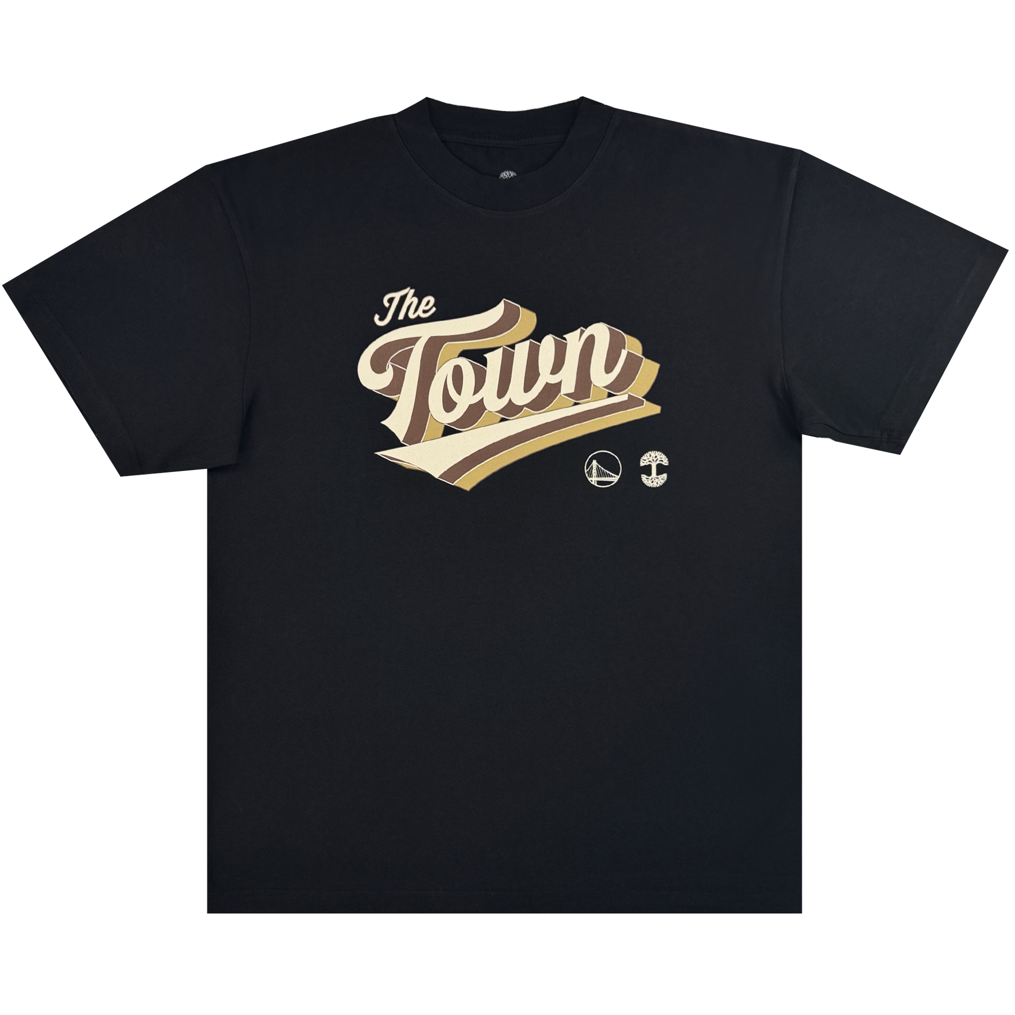 The GSW Vintage Swash Tee features "The Town" in bold cream and gold script with two small sports logos below, designed to honor the Golden State Warriors. Black shirt, white background.