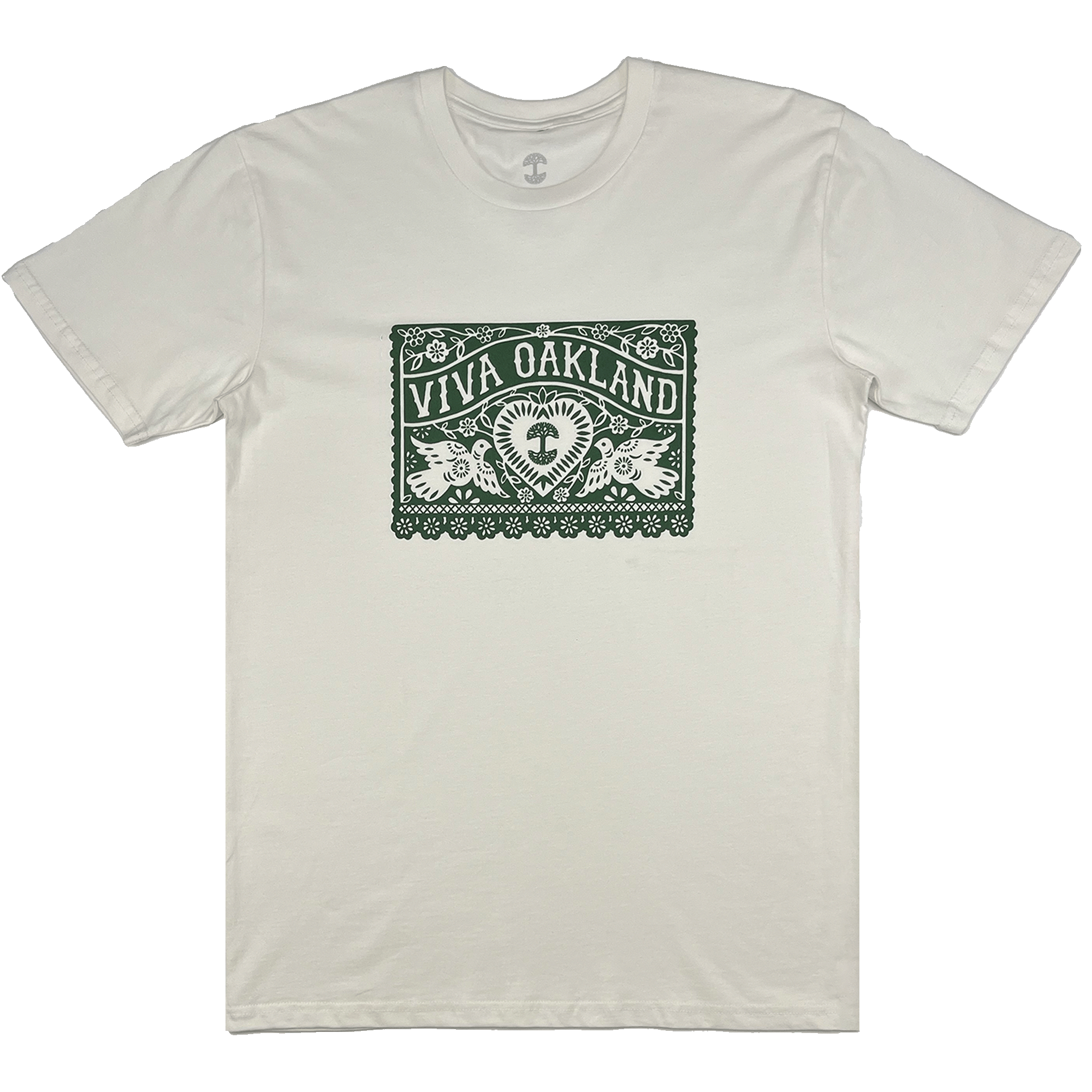 The Viva Oakland Tee by Oaklandish is a classic fit, 100% cotton white T-shirt adorned with a meticulously crafted green graphic on the front. This intricate design prominently features "Viva Oakland" at the top and showcases a central circular emblem of a tree, surrounded by ornate floral and decorative patterns, exuding a traditional, lacy appearance.