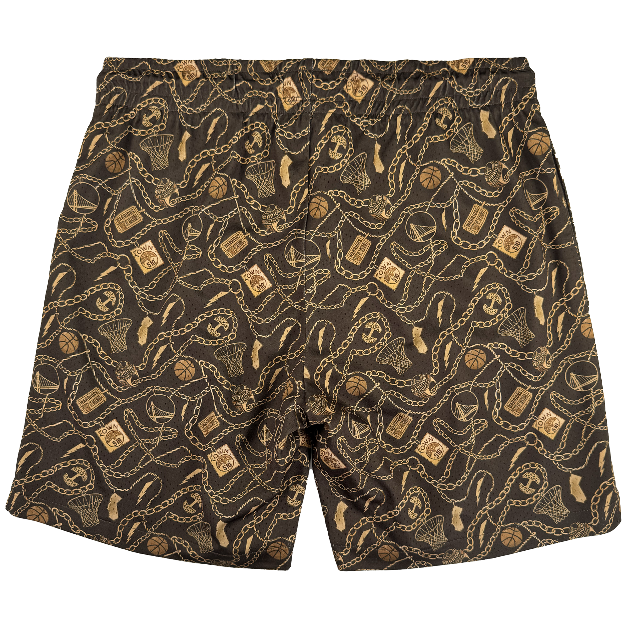 The GSW All Gold Forever Shorts feature an elastic waistband and a bold all-over print of gold chains, padlocks, basketballs, and sneakers. Part of the Oaklandish Town Collection and inspired by Golden State Warriors style; shown laid flat from the back.