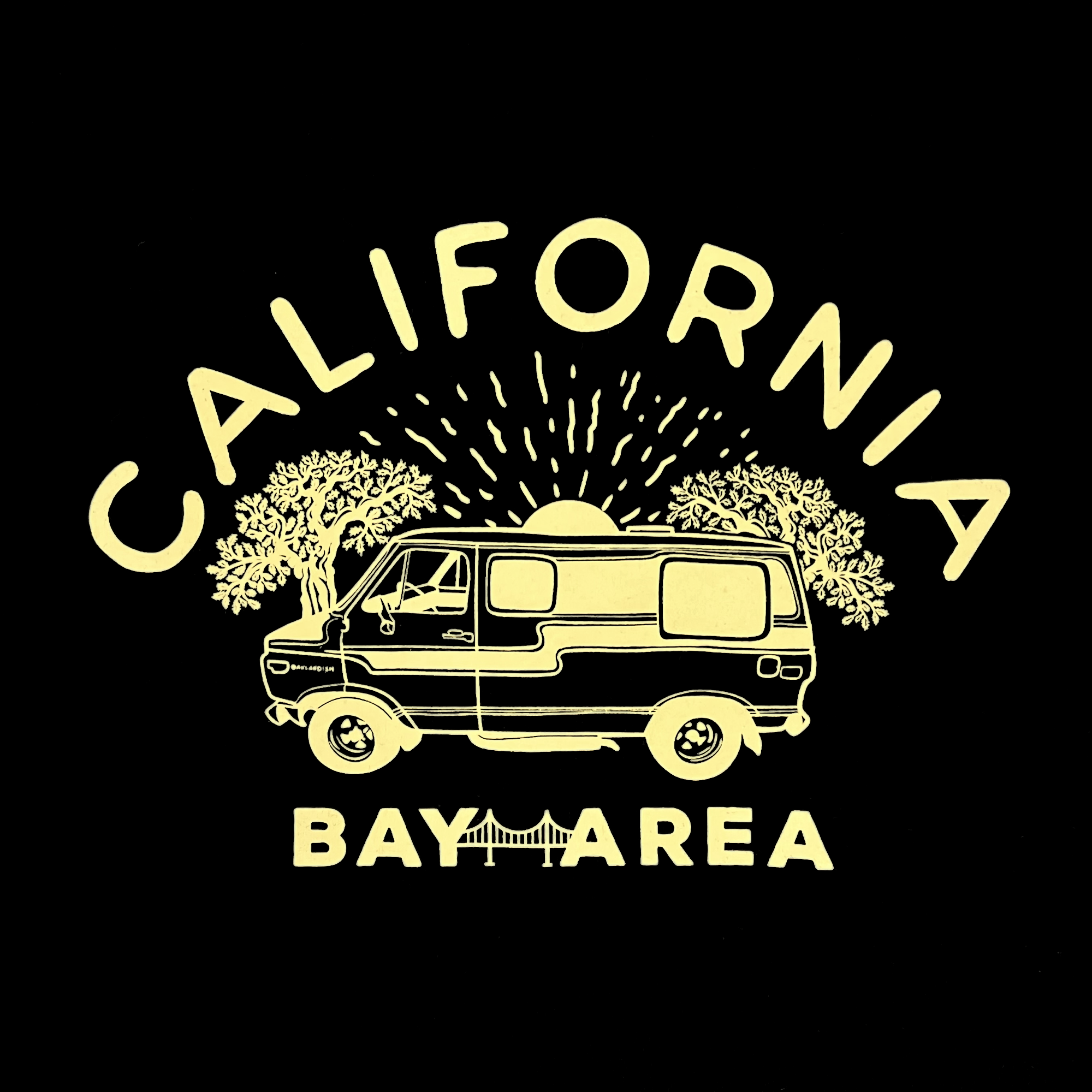 Illustration of a vintage camper van set against a backdrop of a setting sun and two trees. The word "CALIFORNIA" arches above the van, while below it, "BAY AREA" is displayed alongside a stylized depiction of the Golden Gate Bridge. This monochromatic design in yellowish hue appears on Never Elsewhere's 100% cotton black Wavy Nostalgia Tee.