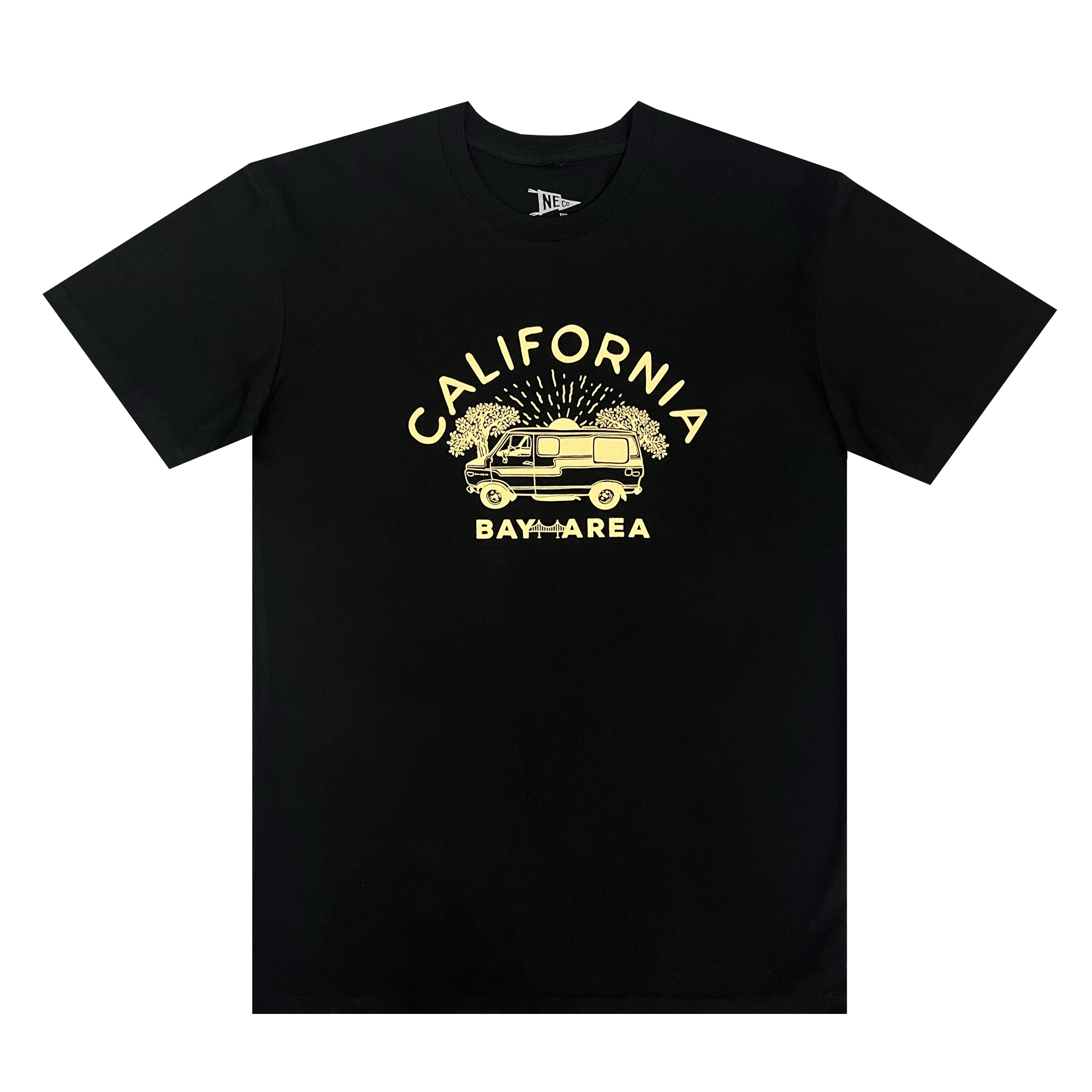 The Wavy Nostalgia Tee by Never Elsewhere is a black T-shirt made from 100% cotton, featuring a vibrant yellow graphic of a van surrounded by trees with fireworks in the background. The text "CALIFORNIA" arches above the van, and "BAY AREA" is boldly written below it.