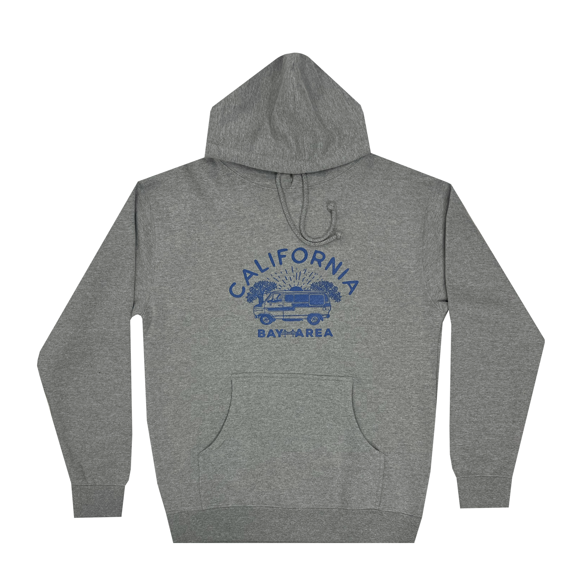 The Wavy Nostalgia Hoodie by Never Elsewhere is a Gunmetal Heather pullover with a front pocket, featuring a blue design in the center that includes the words "California Bay Area" above an image of a van surrounded by palm trees. This men's sizing sweatshirt is completed with visible drawstrings and ribbed cuffs and waistband.