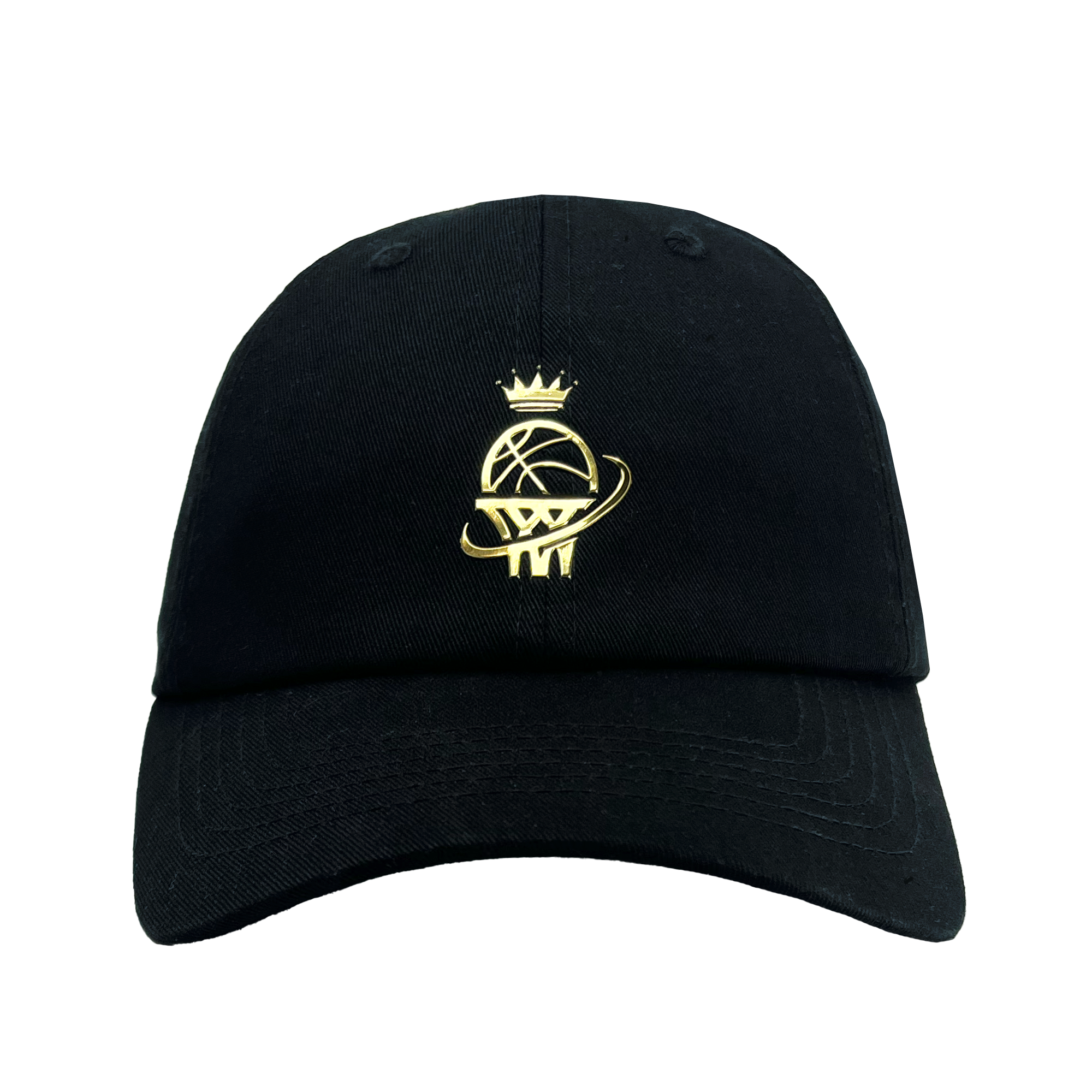 Introducing the WPBA Dad Hat by Oaklandish: a black baseball cap featuring a gold embroidered design on the front. This stylish accessory showcases a stylized basketball with a crown on top, encircled by an orbit-like ring, exuding empowerment. Perfect for fans of the Women's Premier Basketball Association, it includes a curved brim and six panels with small ventilation holes for added comfort.