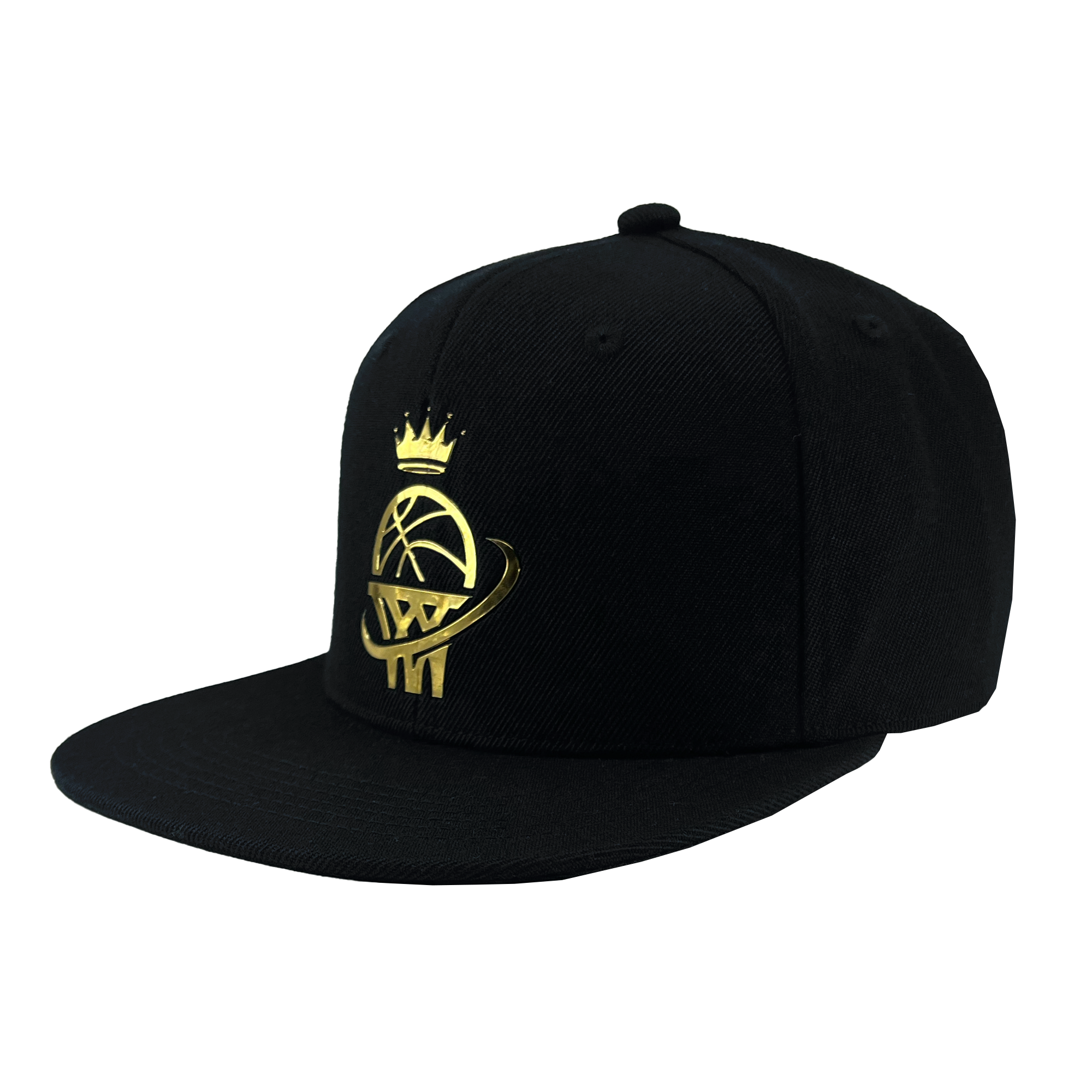 Side angled view of a black snapback hat  with gold WPBA logo on the front crown.