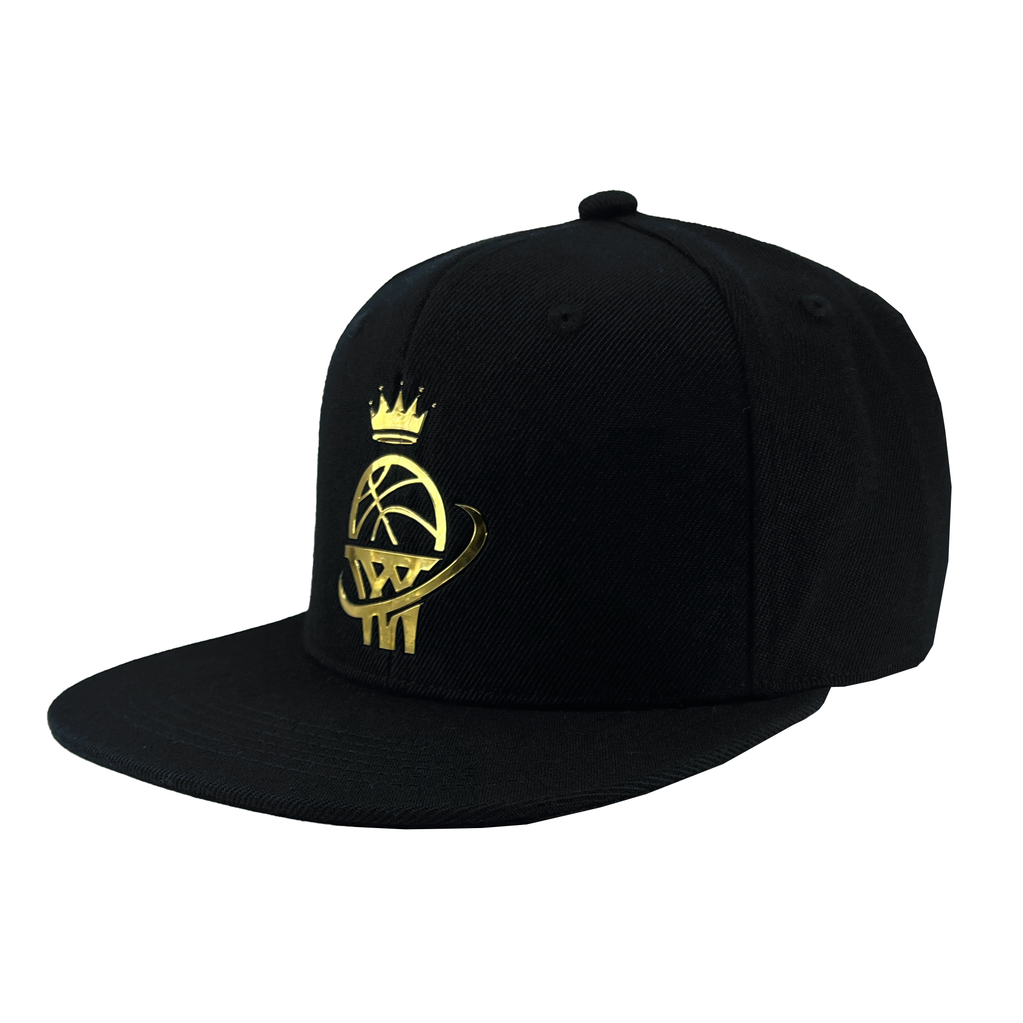 Side angled view of a black snapback hat with gold WPBA logo on the front crown.
