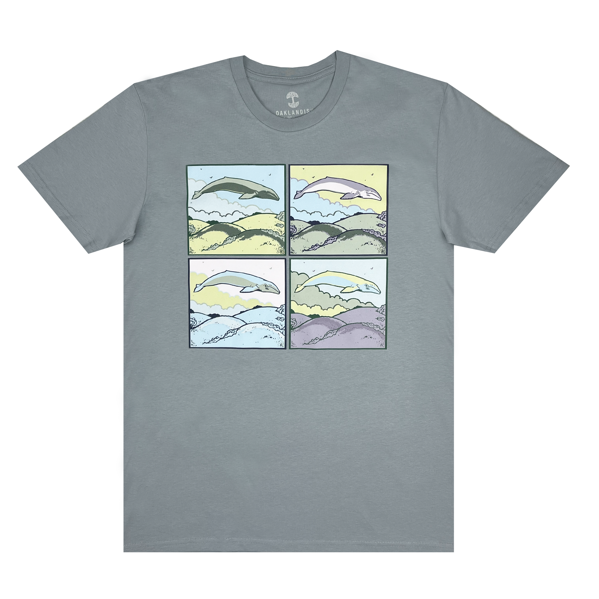 Front view of men's cotton t-shirt in with whale dreams design , smoke