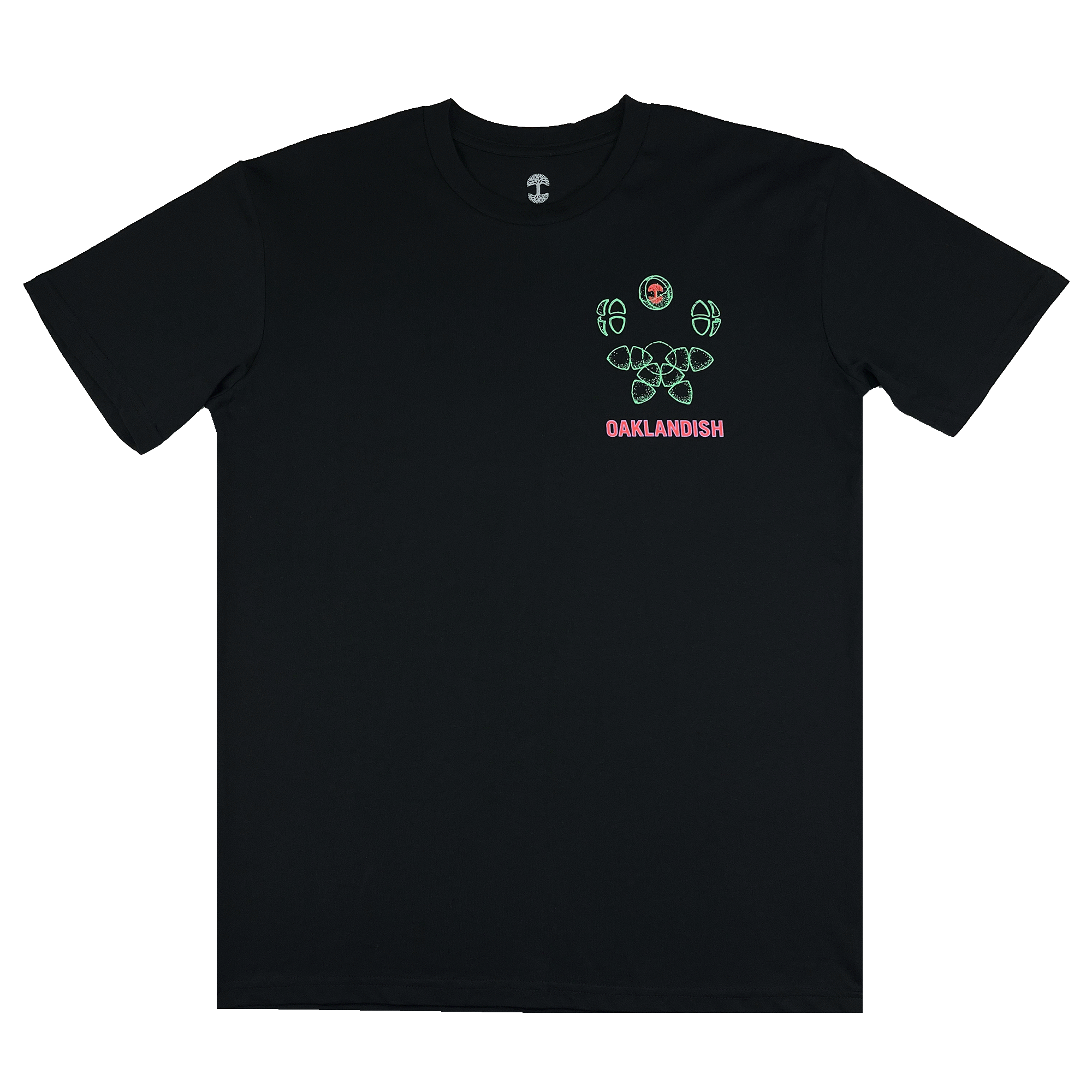 Front view of a black t-shirt with green and red Oaklandish worldwide graphic on the left chest wear side.