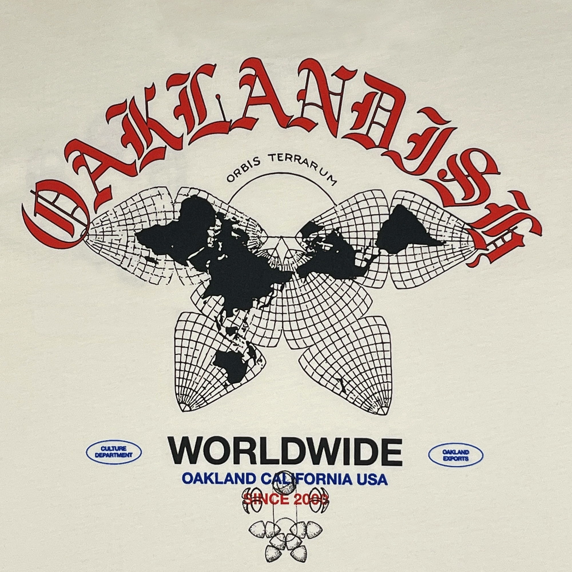 Close-up of Oaklandish worldwide graphic on the back of a natural cotton-colored t-shirt.