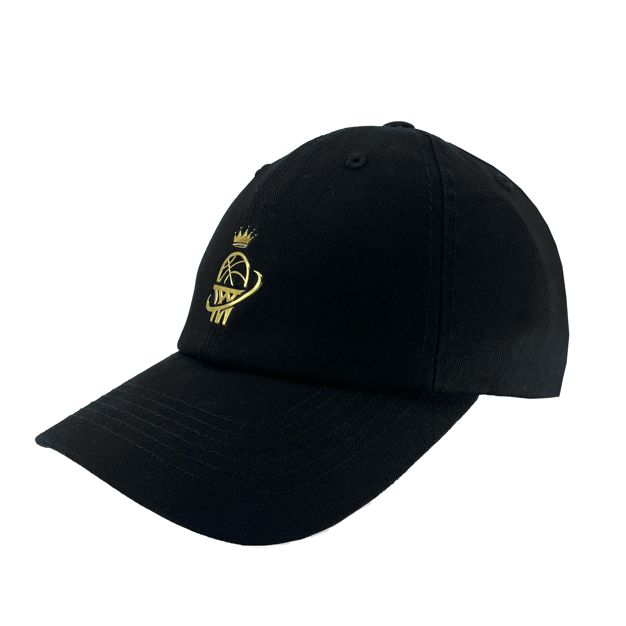 The WPBA Dad Hat by Oaklandish is a black cotton baseball cap with a curved brim, featuring a gold embroidered logo on the front. The logo showcases a stylized combination of a crown and basketball intertwined with the letters "SW," representing the Women's Premier Basketball Association's commitment to empowering women in sports.