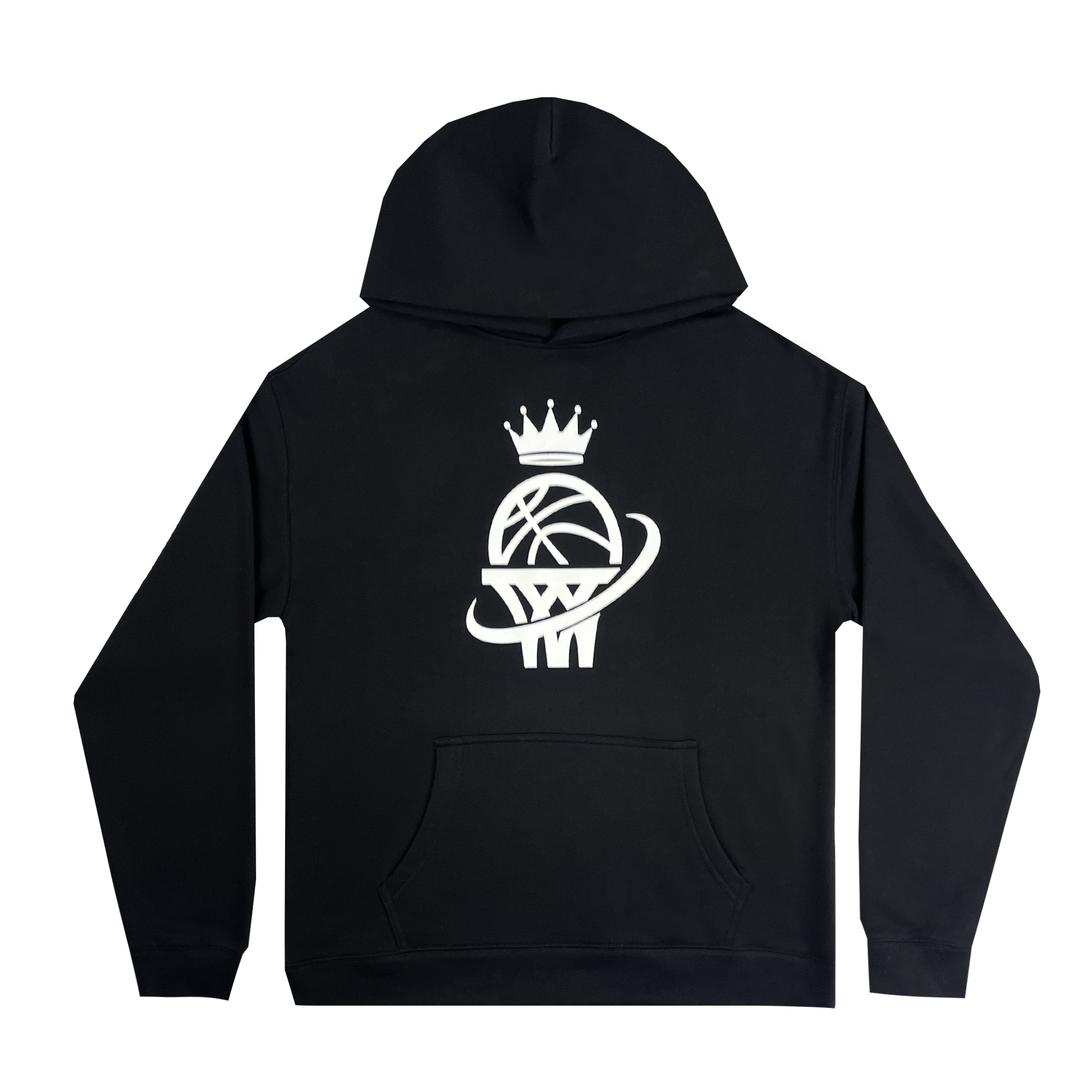 The WPBA Core Hoodie by Oaklandish is a black hoodie featuring a striking, large white logo on the back, representing the Women's Premier Basketball Association with its crowned basketball and overlapping hoop design. It includes a front pouch pocket and a drawstring hood, making it perfect for showing support for women's sports.
