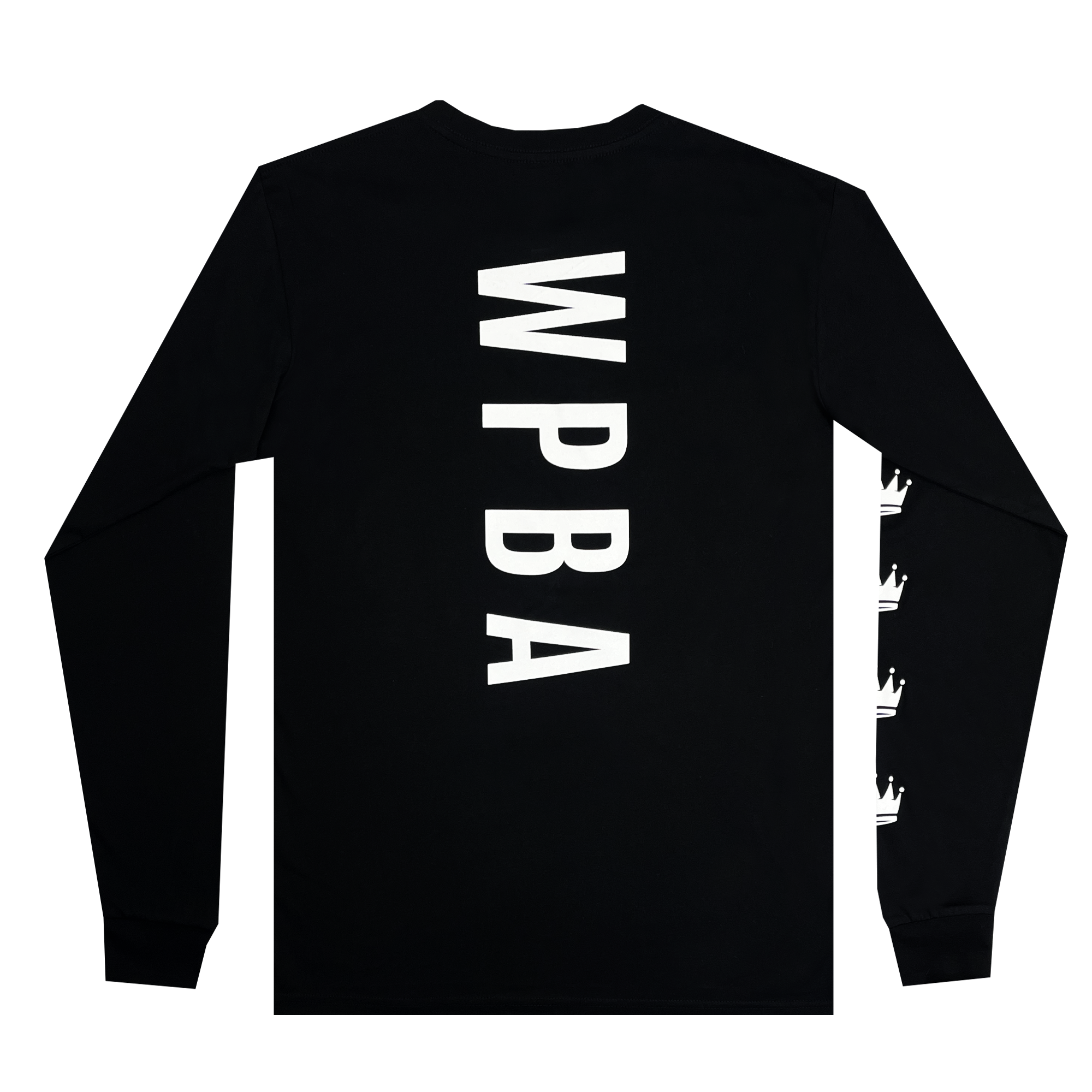 The WPBA Core LS Tee by Oaklandish is showcased in black. The back of this long-sleeve shirt features large white, vertically-aligned letters "WPBA," representing the Women's Premier Basketball Association. On the right sleeve, three white crowns are aligned horizontally near the cuff. The shirt has a simple and minimalist design that exudes empowerment in women's sports.