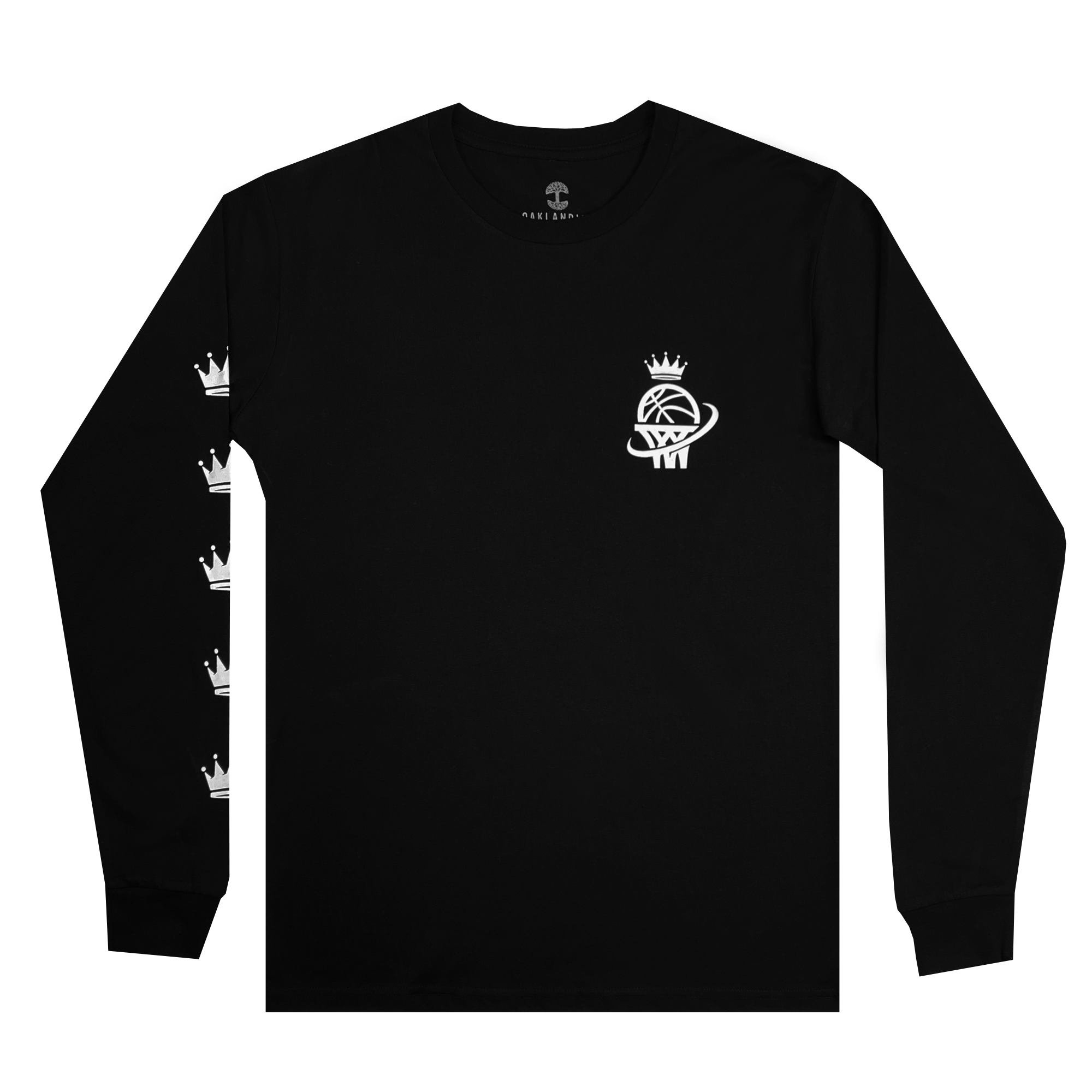 front view of black WPBA long sleeve t-shirt with logo in white on front left chest and crowns along wearer's right sleeve.