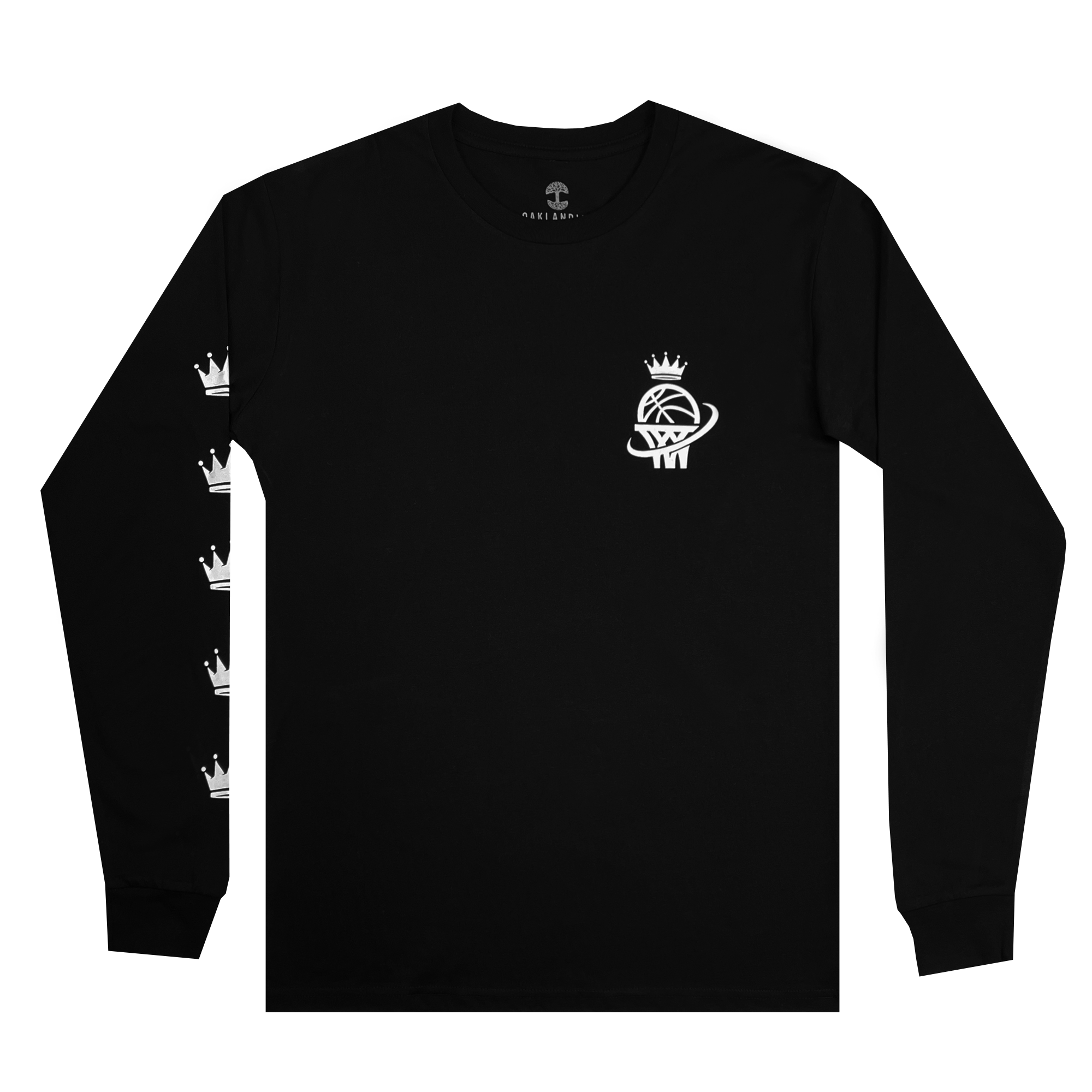 The Oaklandish WPBA Core LS Tee is a black long-sleeve shirt adorned with a small white logo on the left chest—a basketball crowned and winged, symbolizing women's sports empowerment. The left sleeve features the same emblem in smaller, vertically aligned versions.