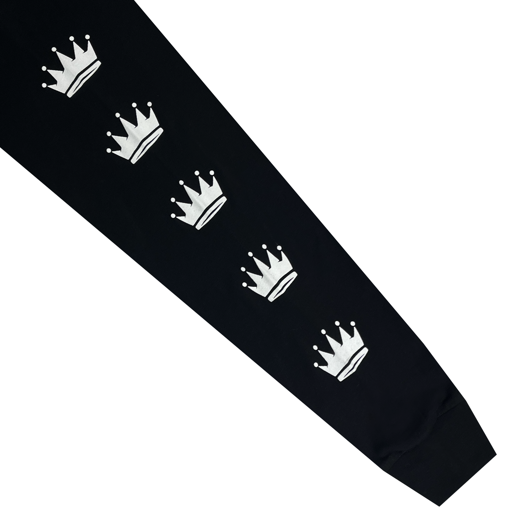Detailed view of black WPBA long sleeve t-shirt with crowns along wearer's right sleeve.