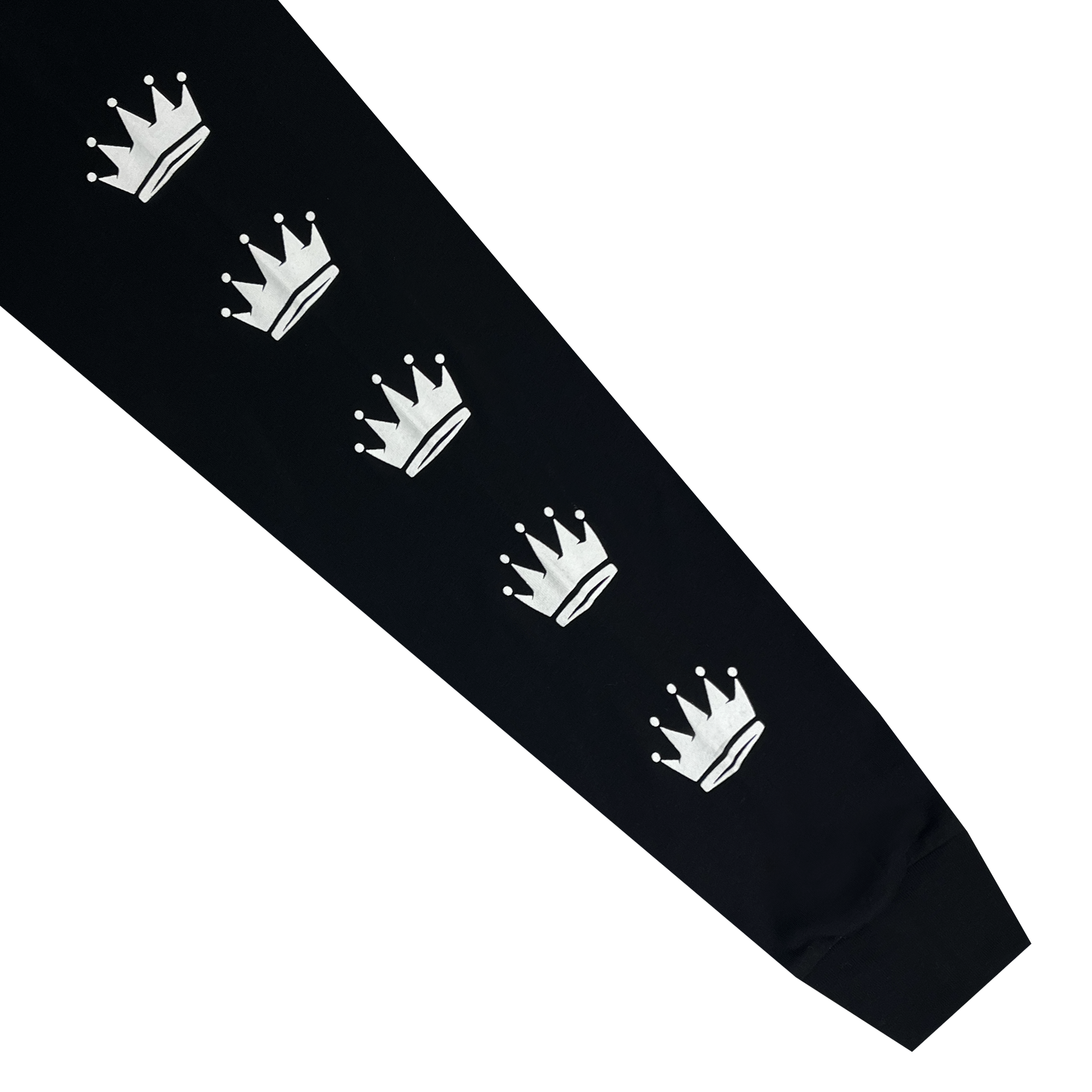The Oaklandish WPBA Core LS Tee features a black sleeve adorned with a vertical pattern of six evenly spaced, white crowns. Each crown has a small horizontal base and five points with circular tips. Empowerment radiates from the ribbed cuff at the bottom of this distinctive women's sports tee design.
