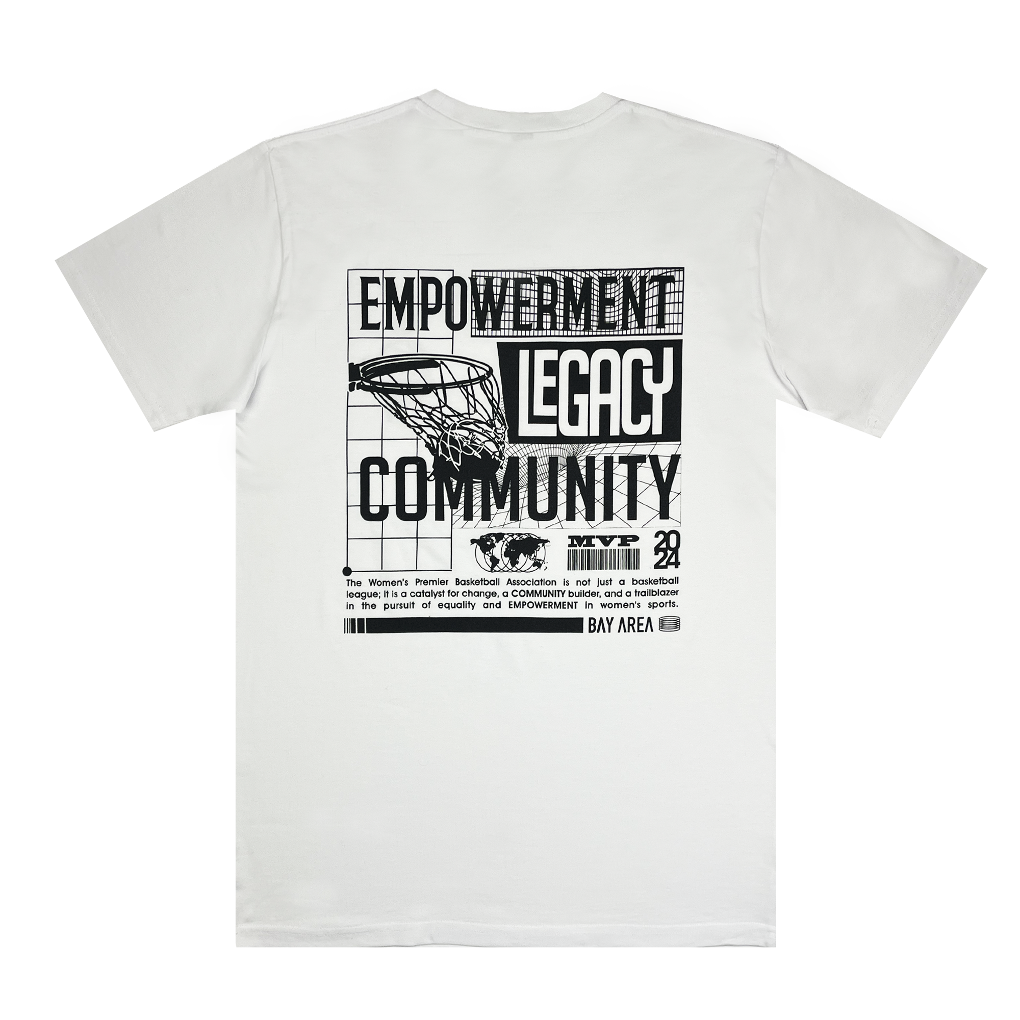 Back view of WPBA white t-shirt with basketball graphic.