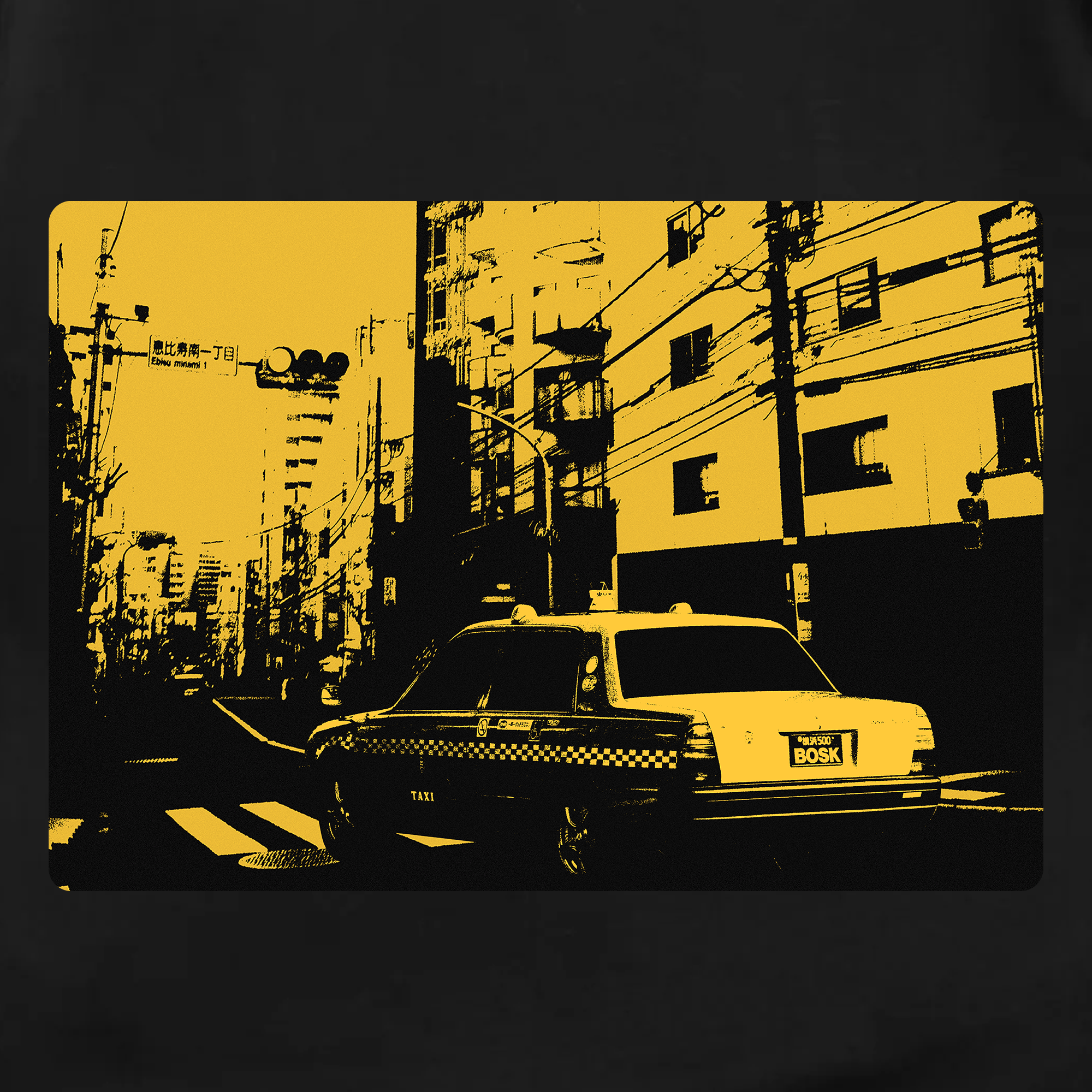 The BOSK Yellow Cab Tee features a stylized yellow-and-black city street with a BOSK taxi, buildings, and Japanese signs. Made from 100% cotton in a classic fit, it’s the perfect t-shirt to add urban flair to your wardrobe.