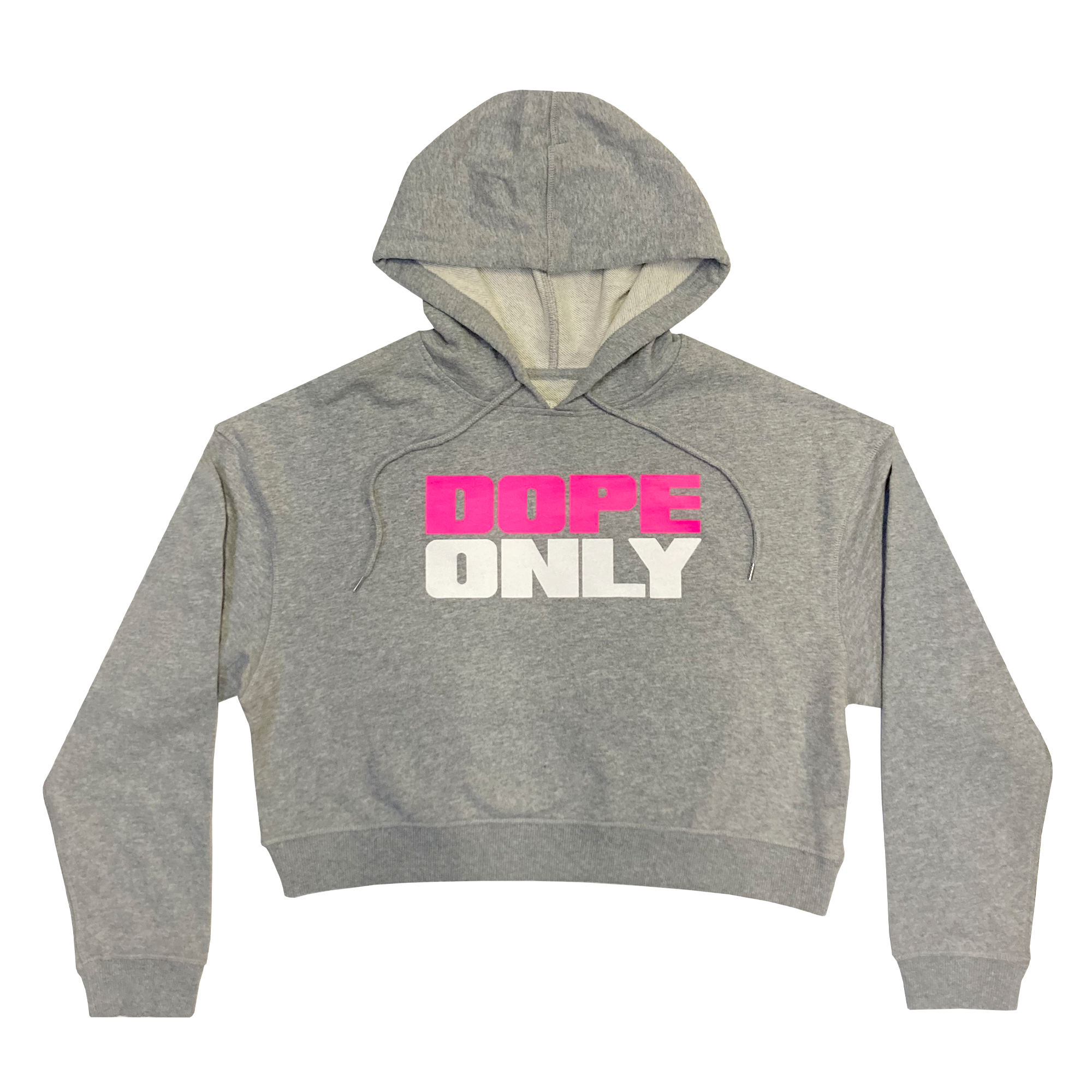 Front view of women's cropped athletic heather pullover hoodie with pink and white 'Dope Only' wordmark centered across the chest.