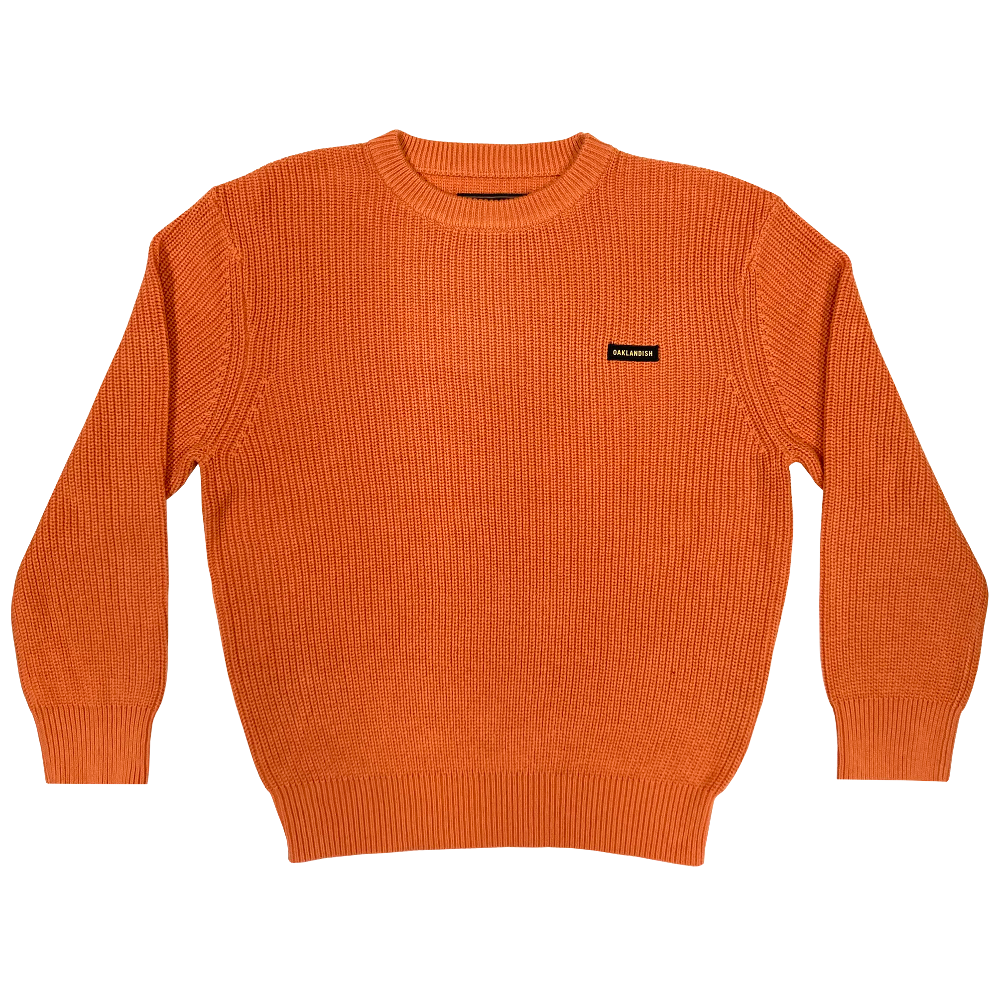 Heavy cotton knit sweater with embroidered Oaklandish wordmark woven label patch on front left chest in autumn orange.