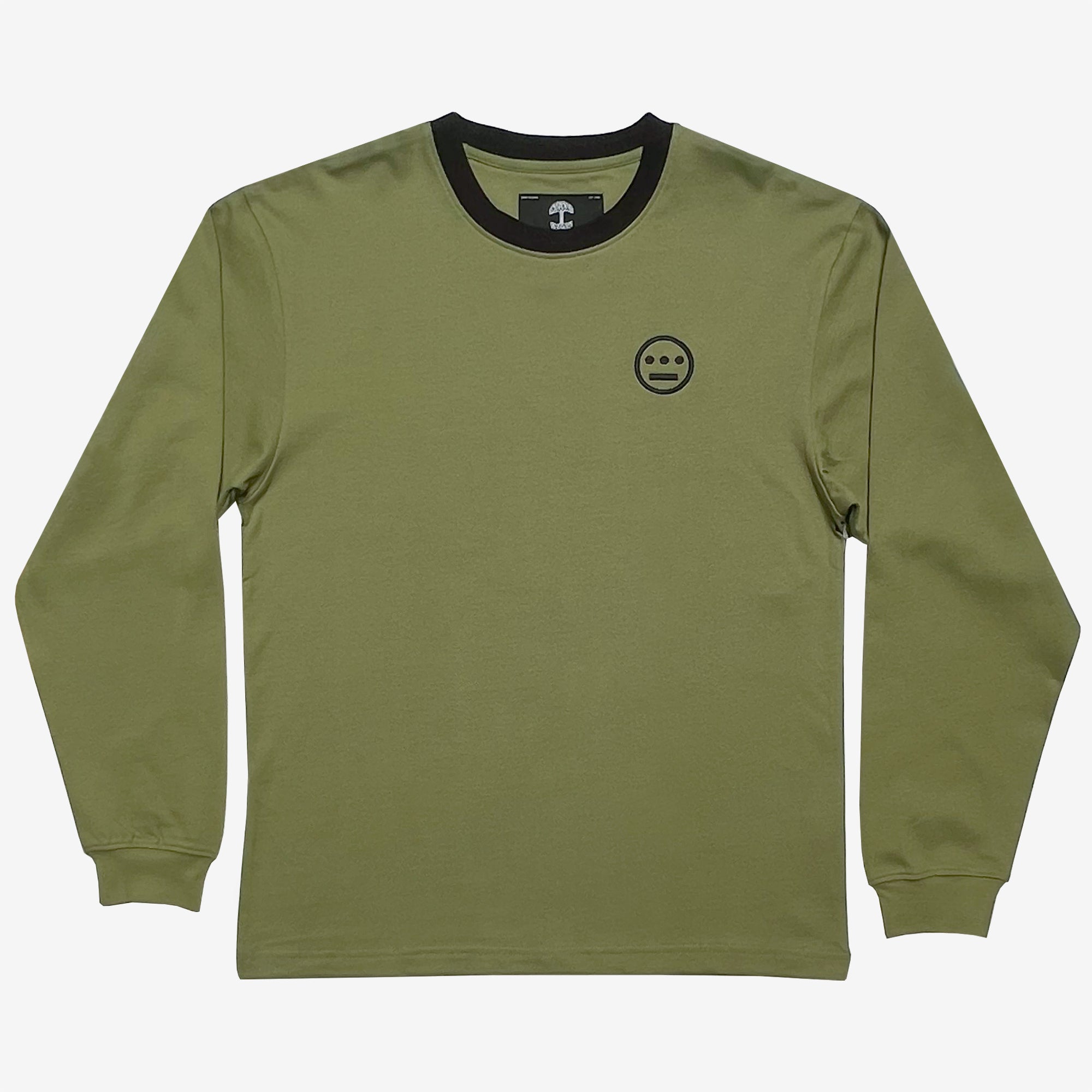 Army green long sleeve crew neck tee with black Hieroglyphics hip-hop logo on left chest wear side and black trim on neck.
