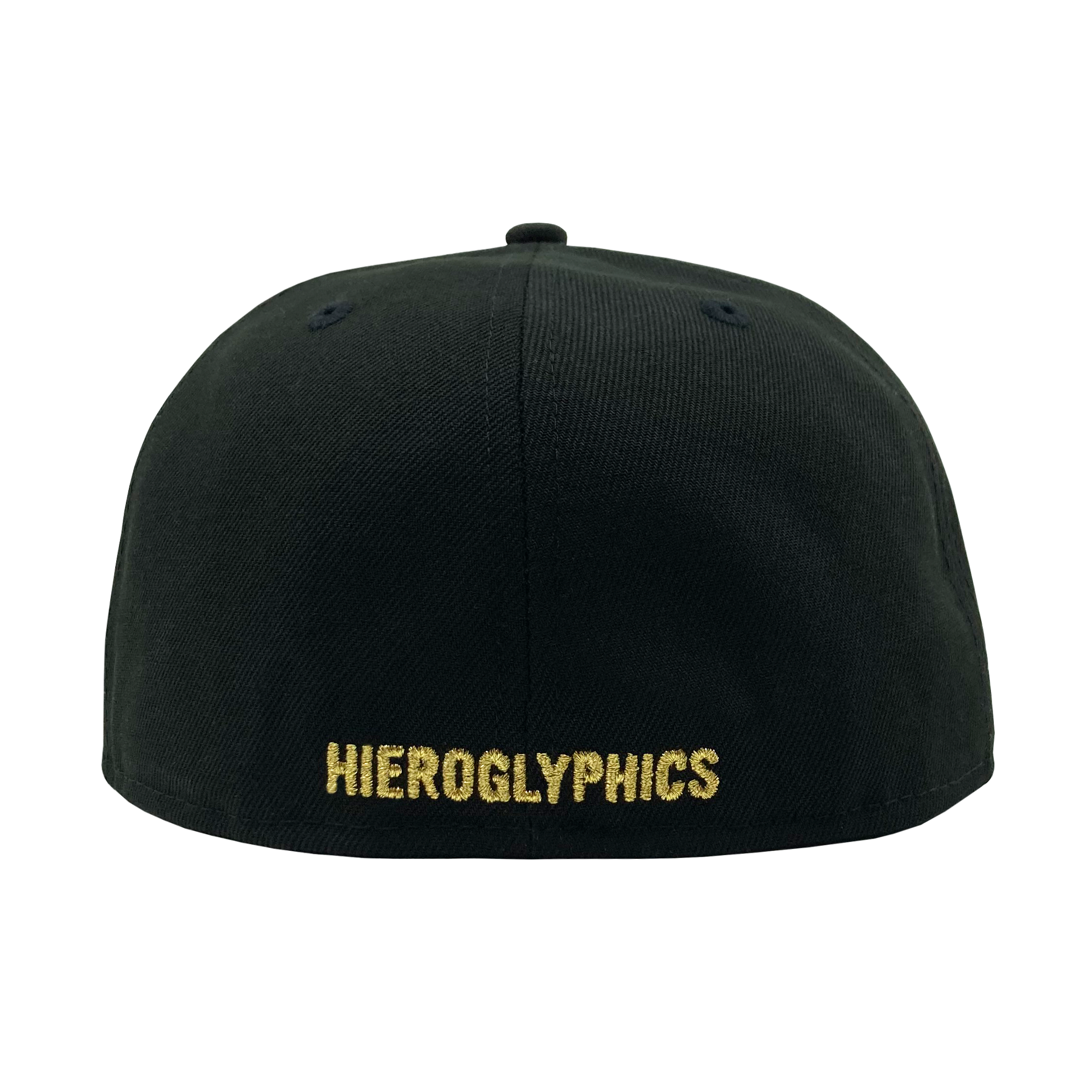 A black New Era Hiero 59FIFTY Fitted Cap is shown from the back, featuring gold embroidered text that reads "HIEROGLYPHICS" along the bottom edge. The design of the cap, made by Hieroglyphics, includes two small ventilation holes visible at the rear.