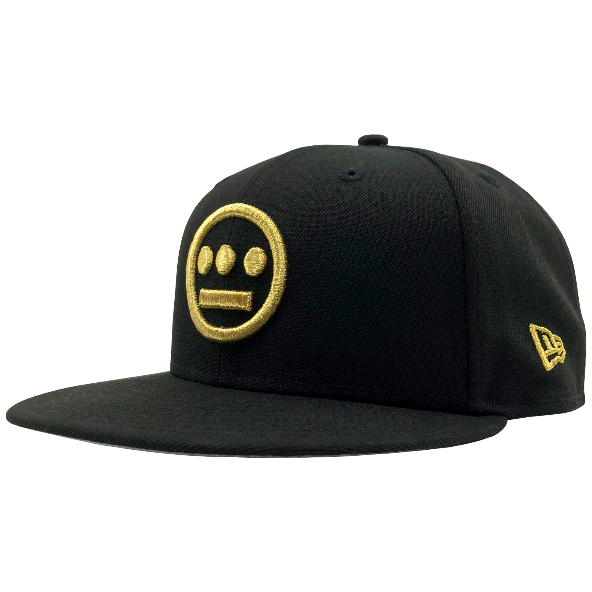 The New Era Hiero 59FIFTY Fitted Cap by Hieroglyphics is a black cap featuring a flat brim and distinctive embroidery. The front showcases a yellow logo resembling hieroglyphics, designed as a circular figure with three dots above two horizontal lines to evoke a face. Additionally, there's a small yellow New Era logo embroidered on the side.