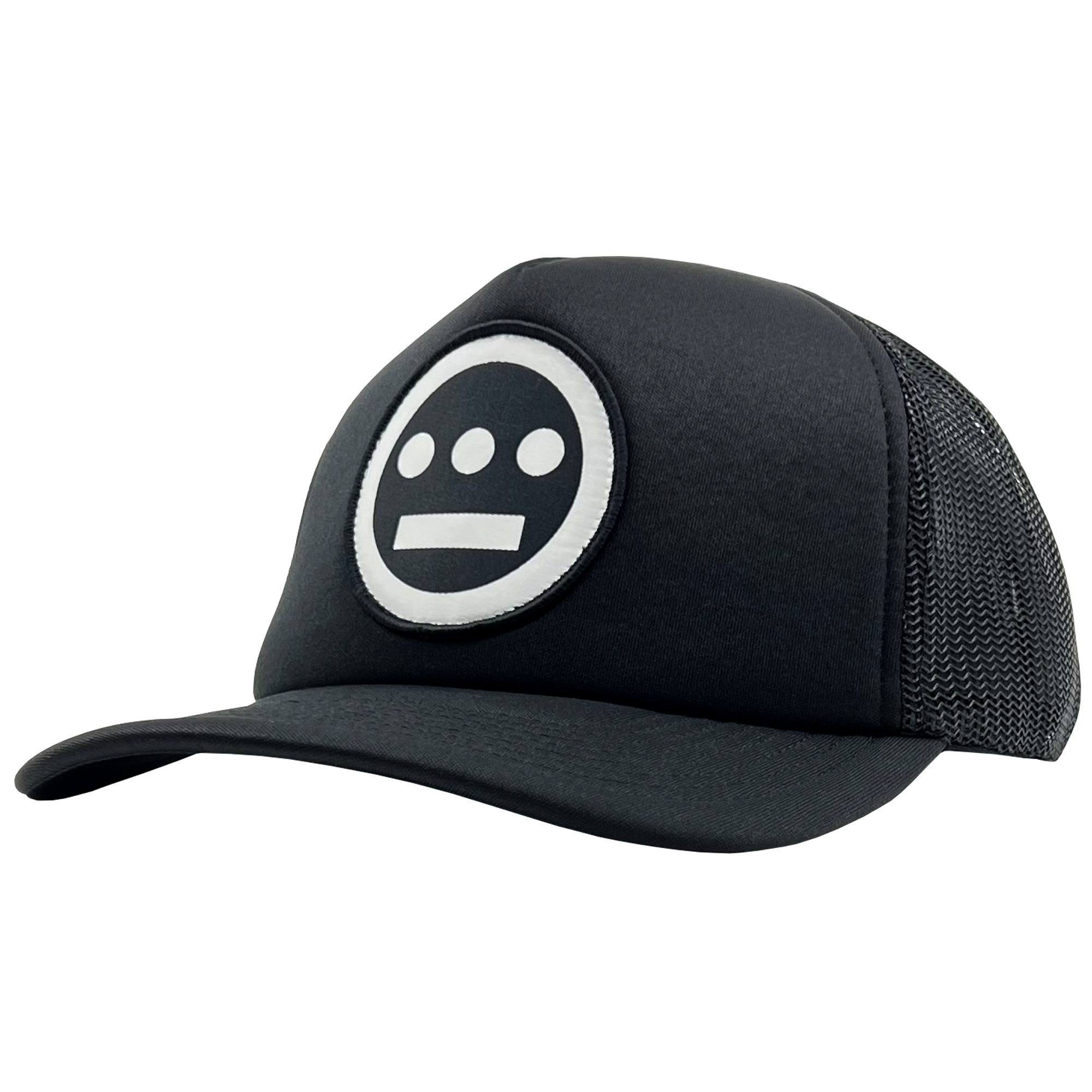 Side view of black Mitchell & Ness snapback truckers cap with white Hiero Hip Hop crew logo.