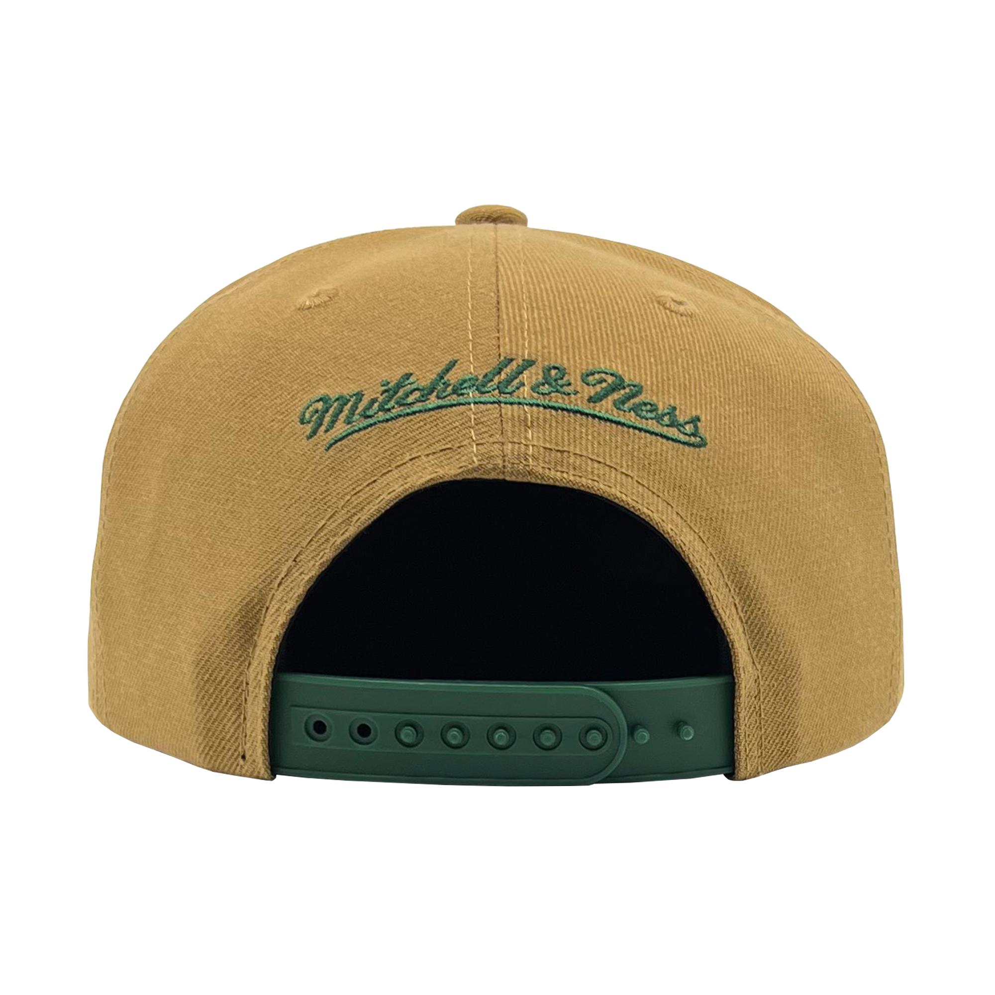 Back view of a brown snapback cap with green embroidered Mitchell & Ness wordmark. 