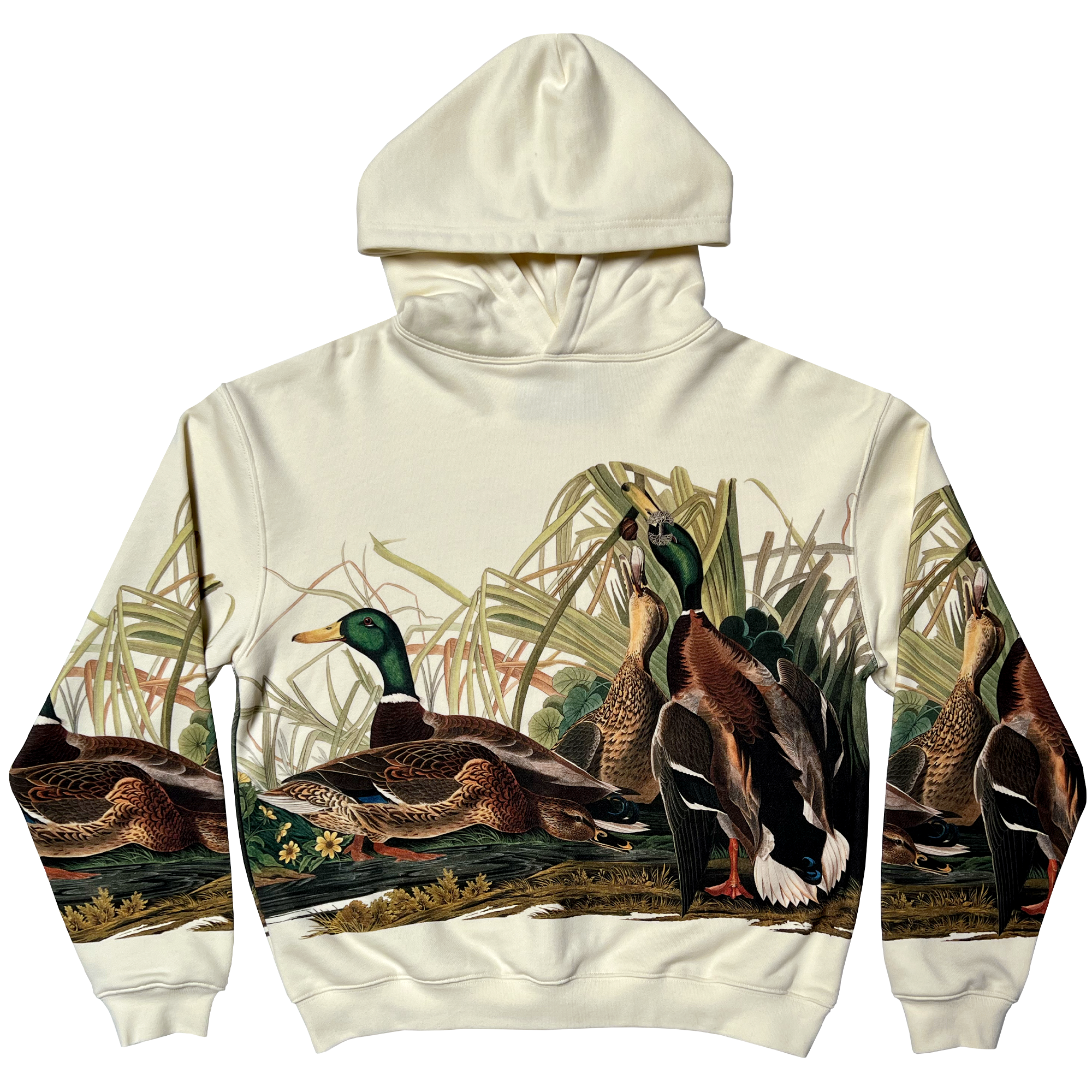Mallard ducks all over print on a cream colored pullover Oaklandish hoodie.