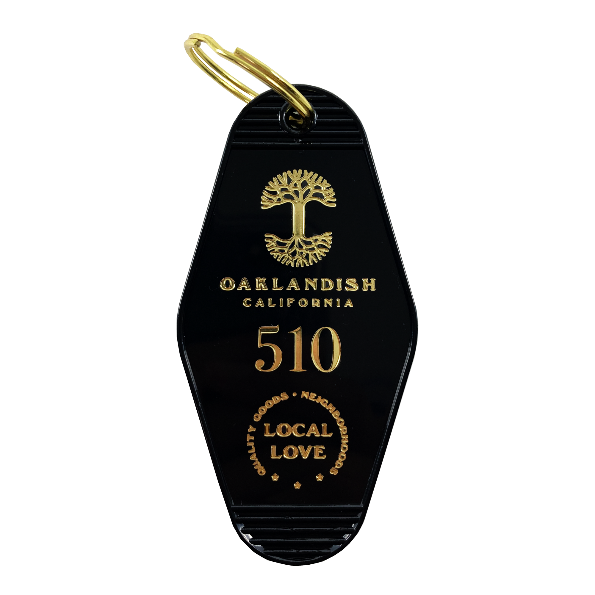 Black motel-style keychain with gold Oaklandish Logo and wordmark and 510 local love logo.