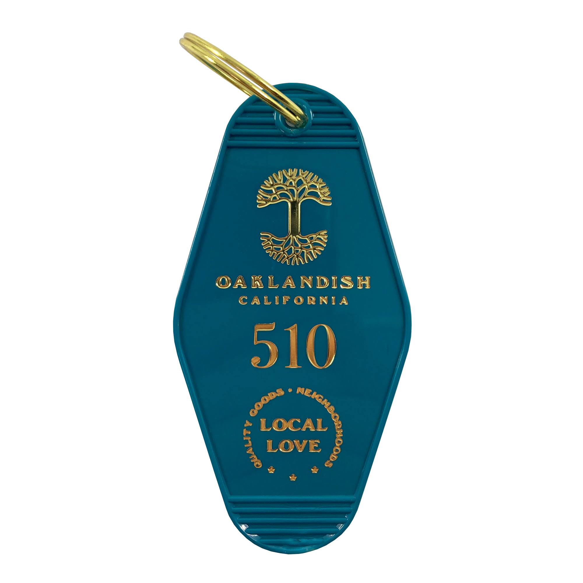  Blue vintage motel-style keychain with gold Oaklandish Logo and wordmark and 510 local love logo.