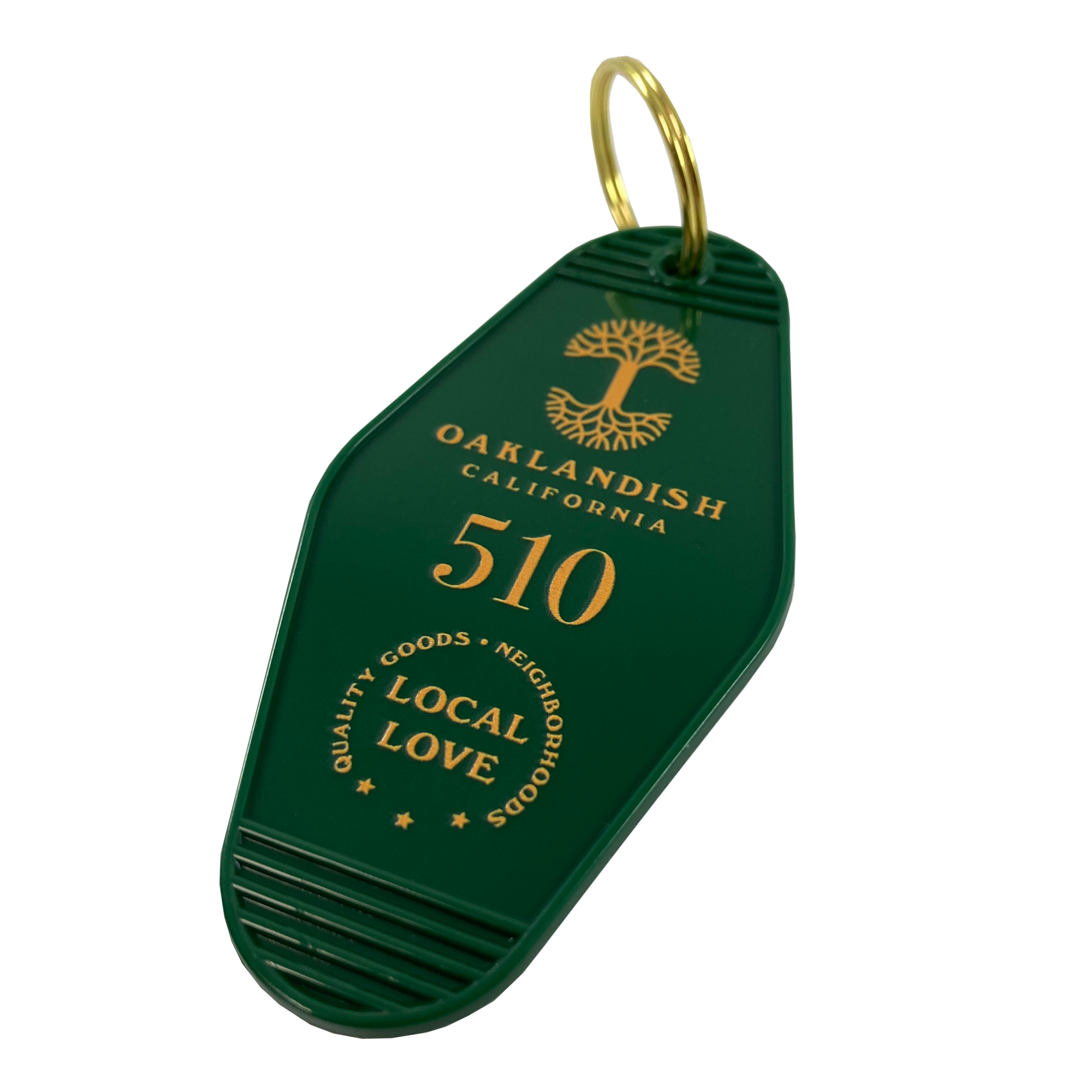 Detailed angle image of green motel-style keychain with gold Oaklandish Logo and wordmark and 510 local love logo.