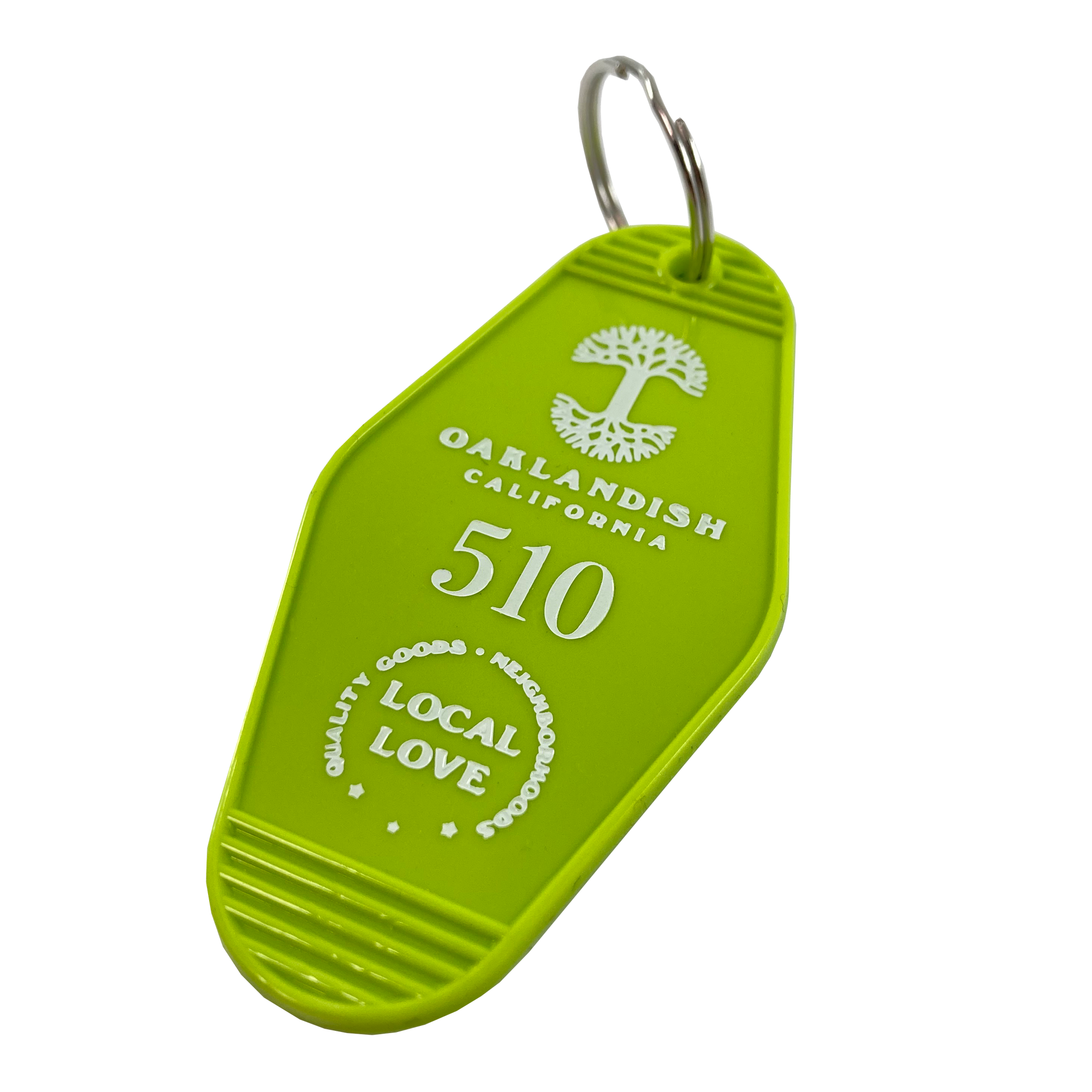 Detailed angle image of Lime green vintage motel-style keychain with gold Oaklandish Logo and wordmark and 510 local love logo.