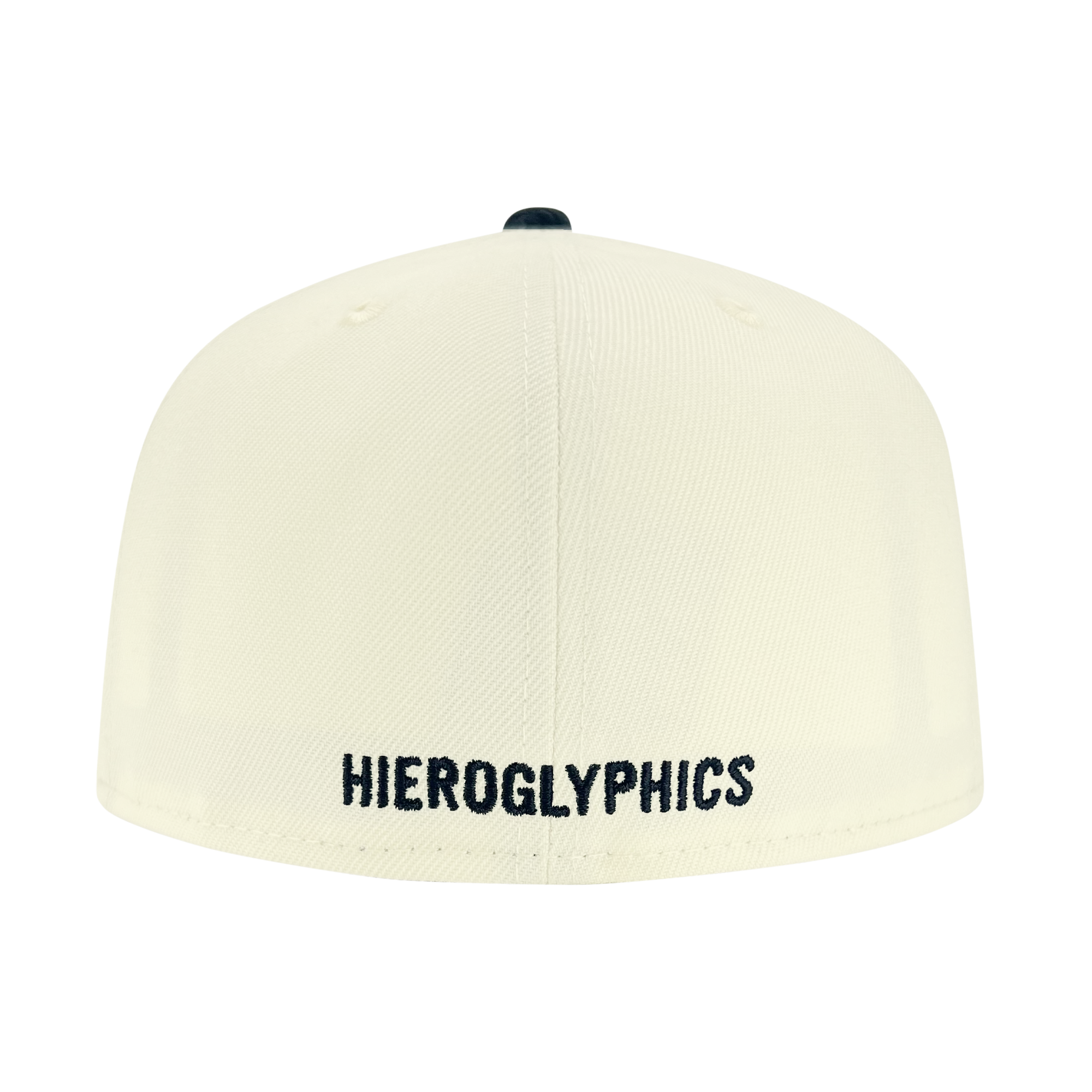 Back view of New Era 59FIFTY fitted cap with chrome crown and embroidered HIEROGLYPHICS wordmark.