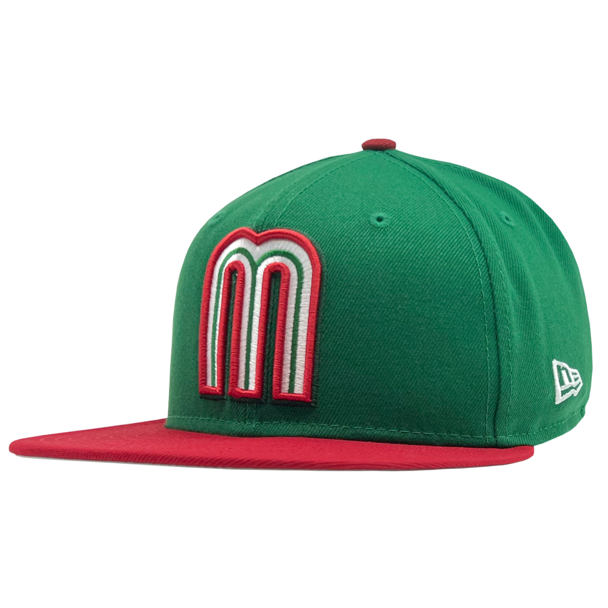 Side view of green New Era fitted 59FIFTY CAP with red and white Mexican baseball M patch and red bill.