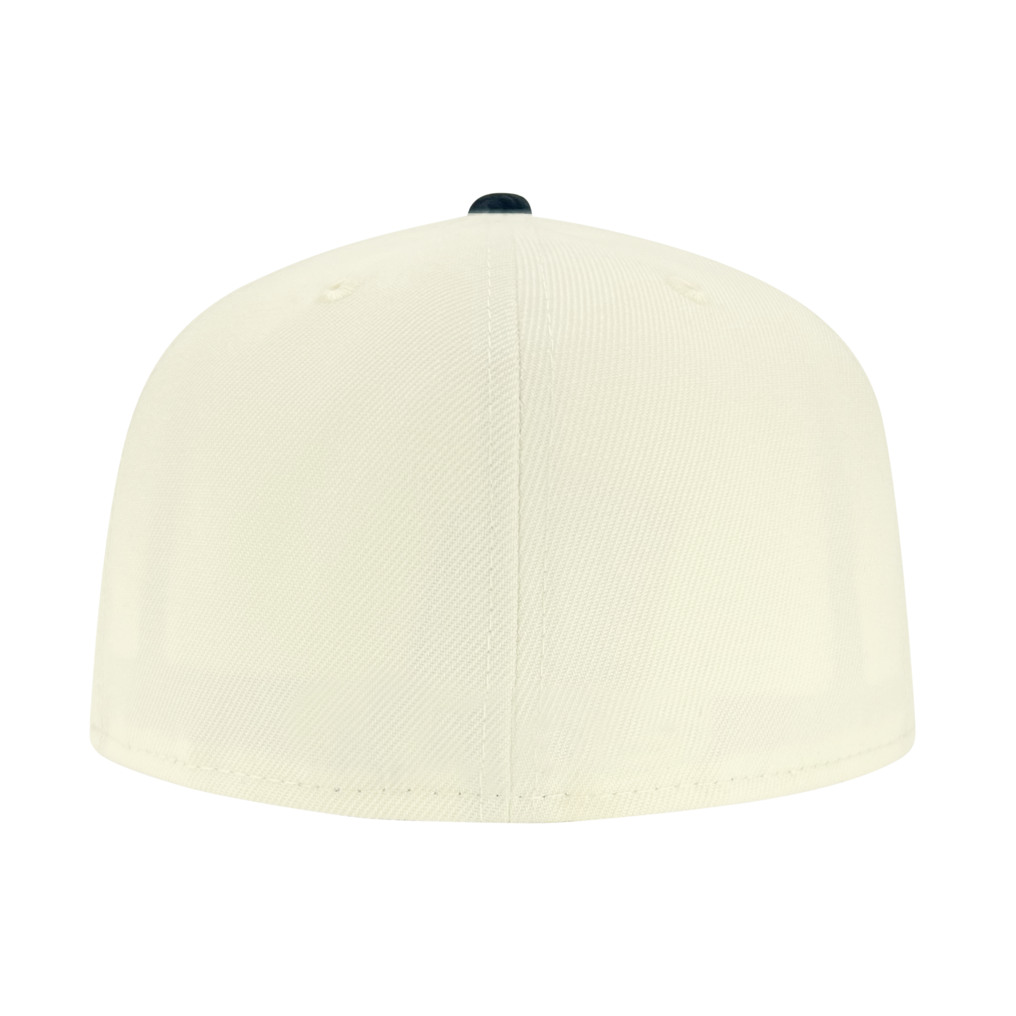 A view of the back of a beige New Era X Oaklandish Classic Cord 59FIFTY Fitted Cap. The cap showcases a seamless design with no visible adjustment mechanisms. It features two small ventilation holes on each side and has a small black button on the top center. The light beige background allows the Oaklandish cap to stand out beautifully.