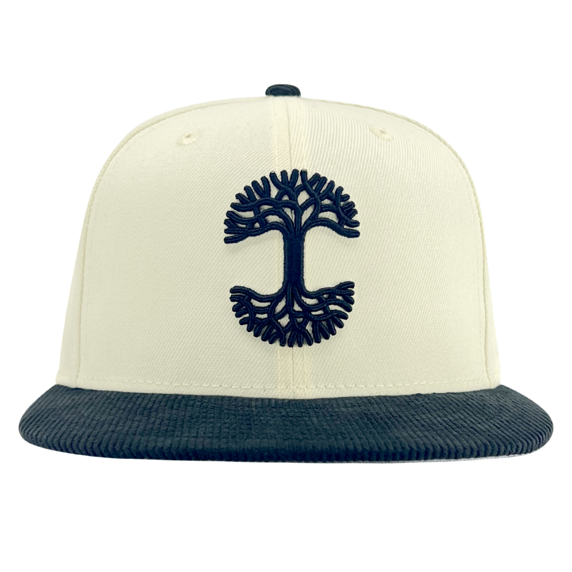 Fitted New Era 59FIFTY cap in chrome white, with a black corduroy brim and black embroidered Oaklandish tree logo.