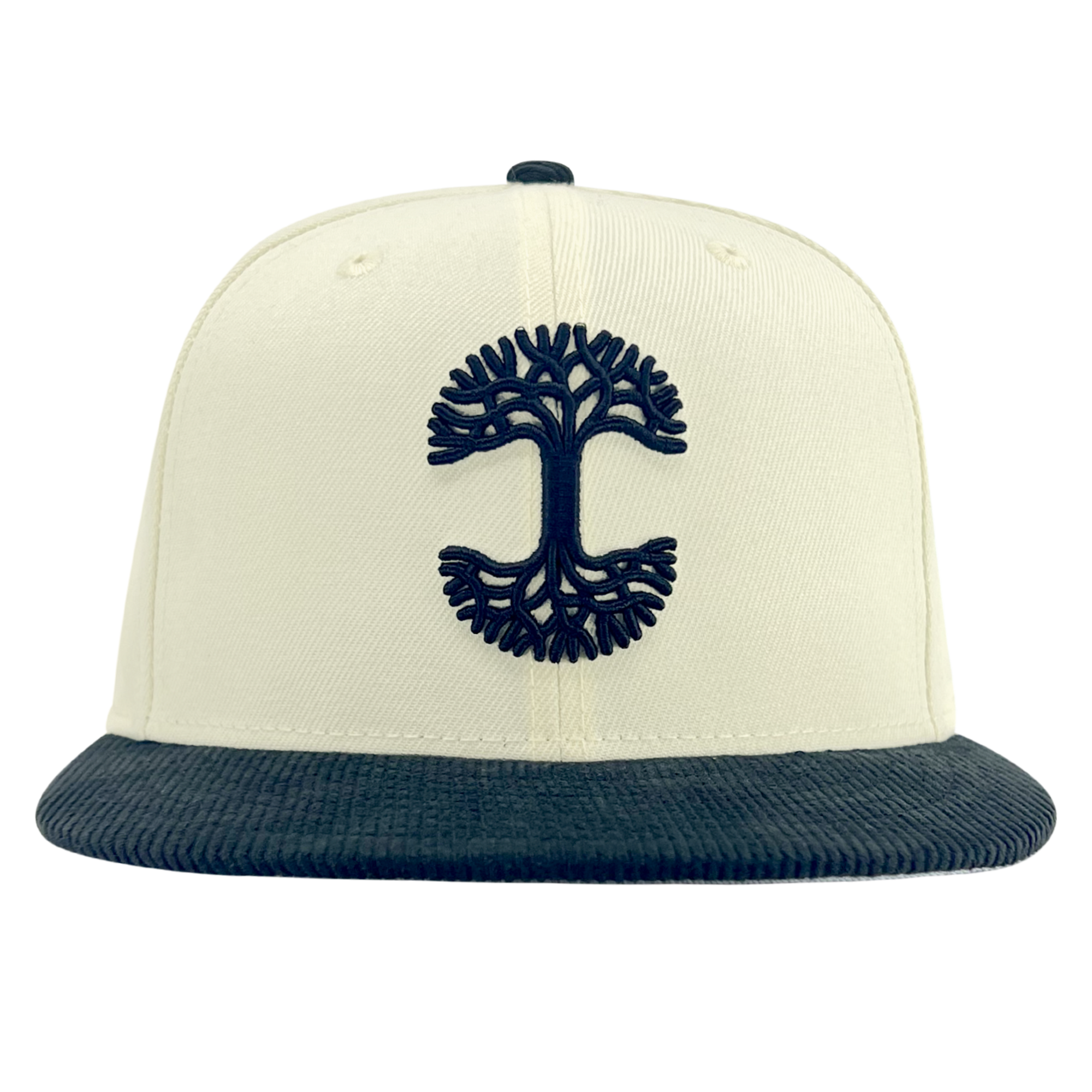 The New Era X Oaklandish Classic Cord 59FIFTY Fitted Cap features a beige color with a black brim and an intricate, symmetrical black embroidered tree design on the front. The tree showcases a solid trunk with branches spreading outward. This structured cap is from the Oaklandish brand and highlights visible stitching details on both the front panel and brim.