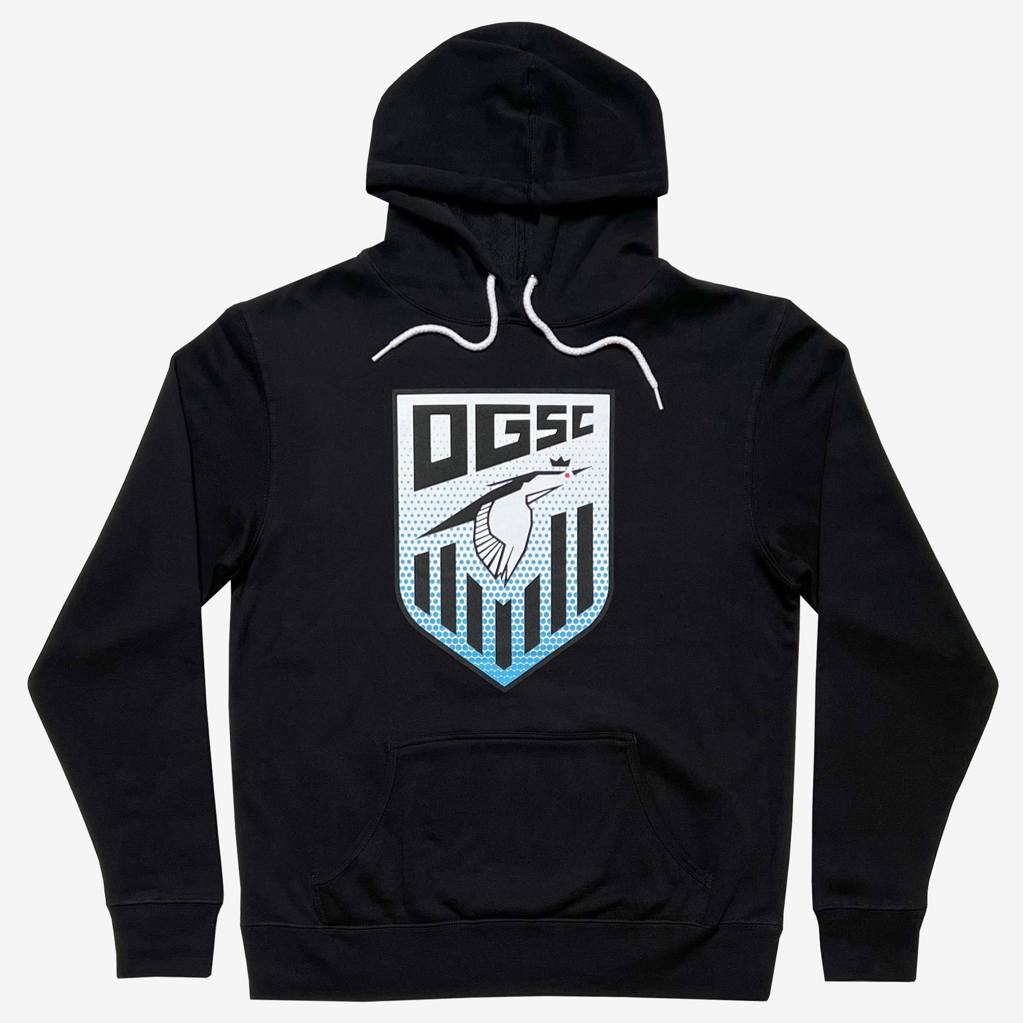 The Oakland Genesis Heron Hoodie by Partner is a black hooded sweatshirt with a front pocket, featuring a bold chest design that includes the letters "OGSC" above a stylized shield representing Oakland Genesis youth soccer. This eye-catching graphic also showcases a bird in white and blue tones against a dotted background, finished with white drawstrings at the neck.