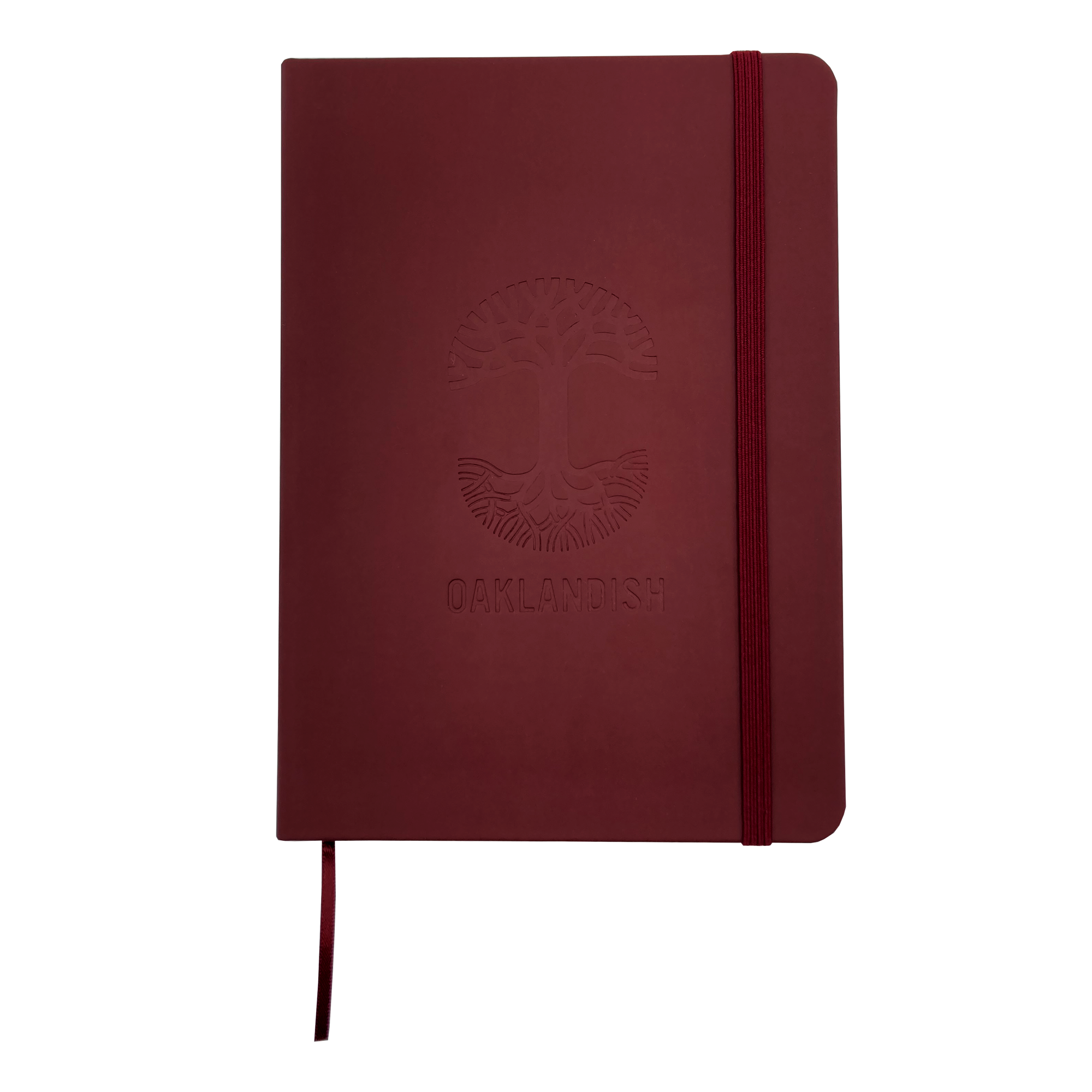 Top view of red Oaklandish journal notebook elastic closure and bookmark with Oakalndish tree logo and wordmark embossed on the cover.