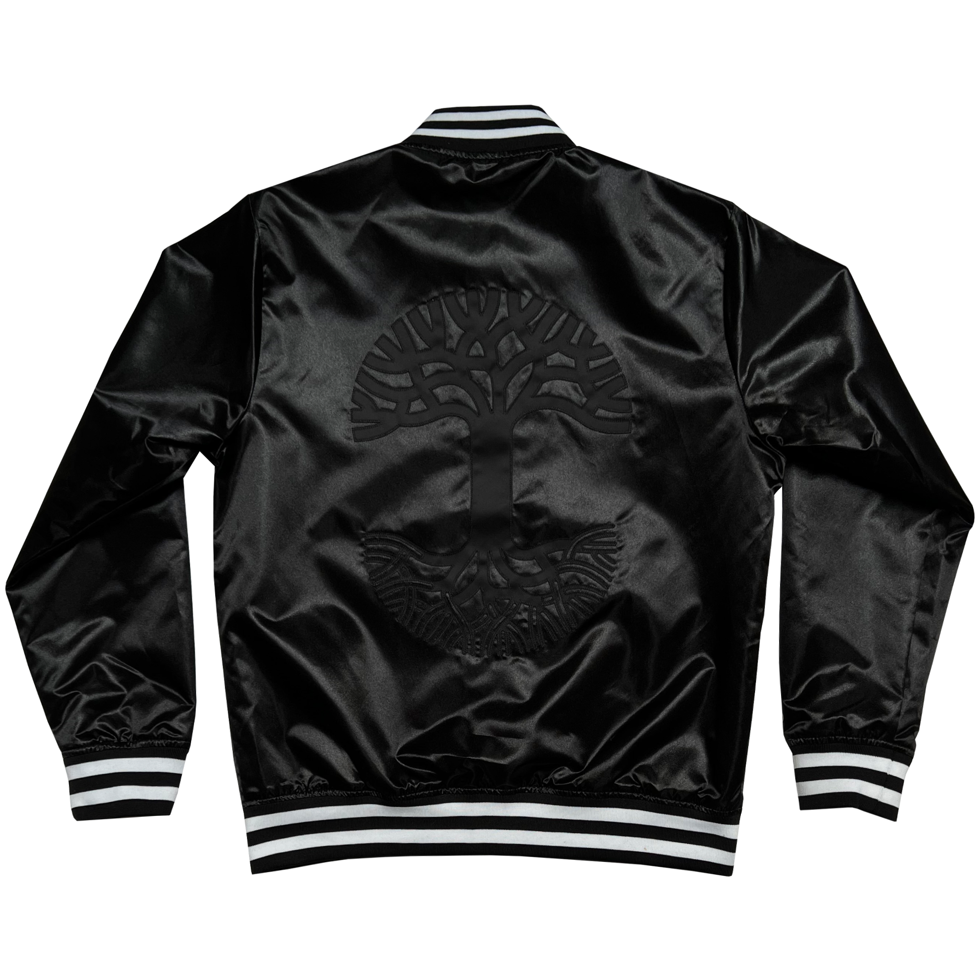 The Mitchell & Ness x Oaklandish Reversible Satin Jacket by Other is a black satin beauty with an intricate embroidered tree design on the back, featuring white-striped ribbed cuffs, collar, and waistband for contrast. Switch up your style while keeping the bold visual centerpiece intact.