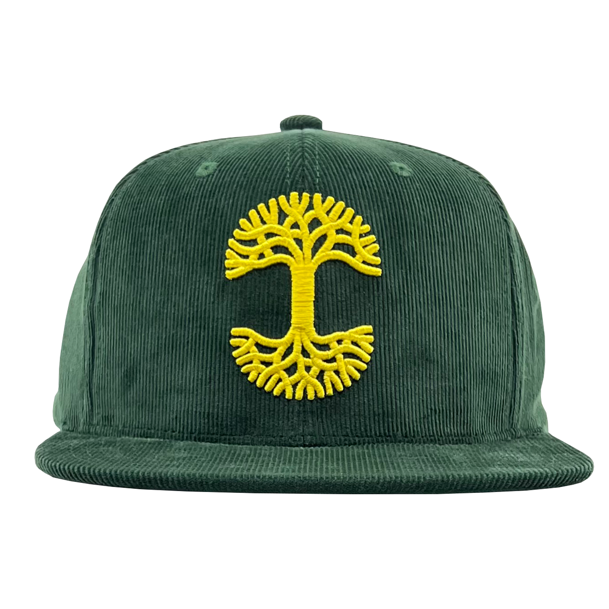 Front view of a green corduroy Mitchell & Ness cap with yellow Oaklandish with embroidered yellow Oaklandish tree logo.