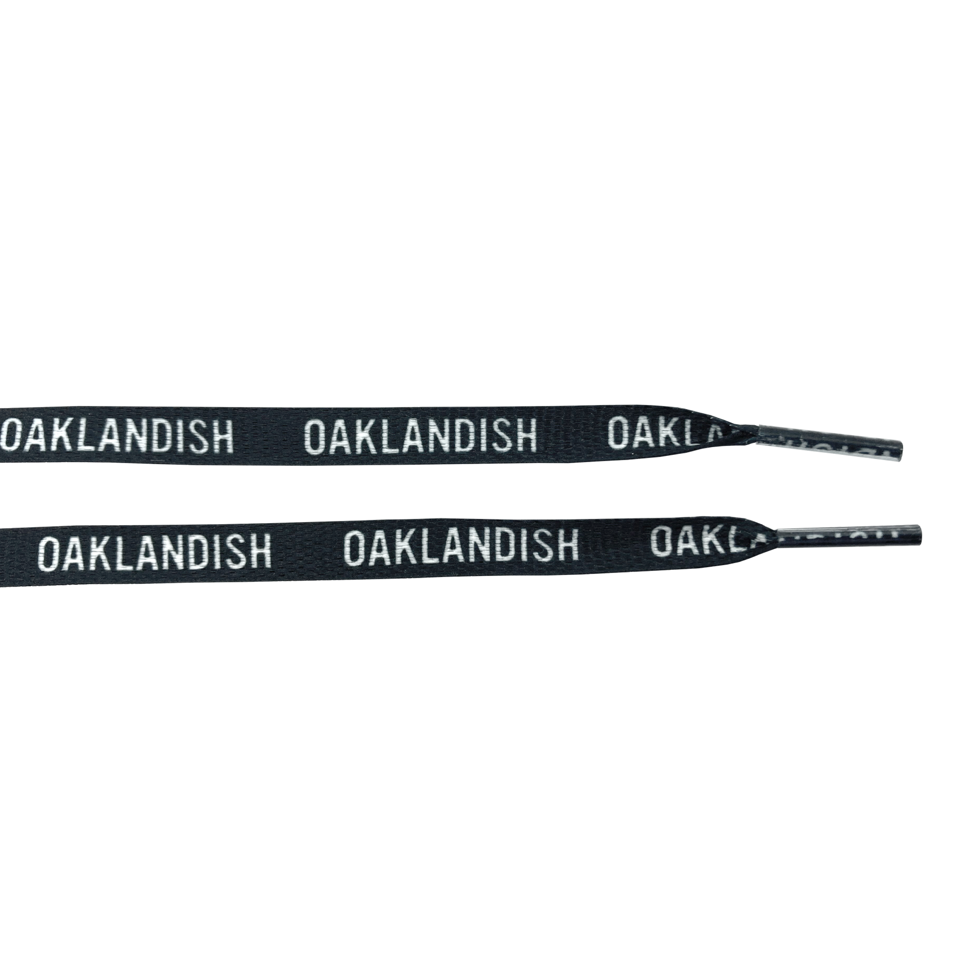 Ends of two black shoelaces with white OAKLANDISH wordmark on repeat.