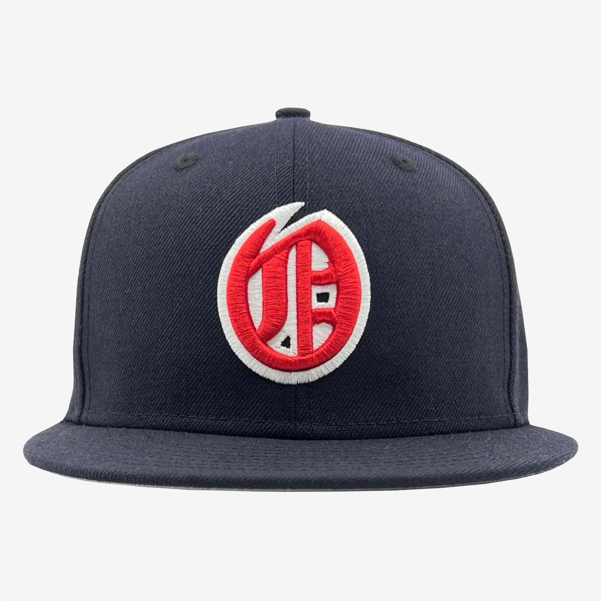 Front view of navy fitted cap with red embroidered Oakland Oaks logo on the crown.
