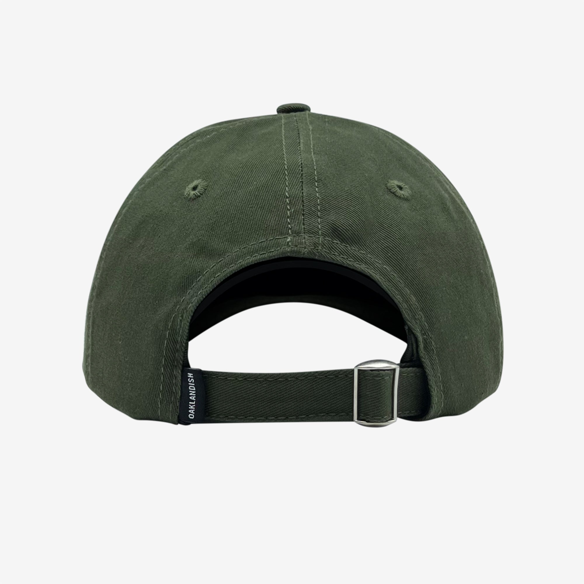 Back of khaki dad hat with adjustable strapback and Oaklandish woven label.