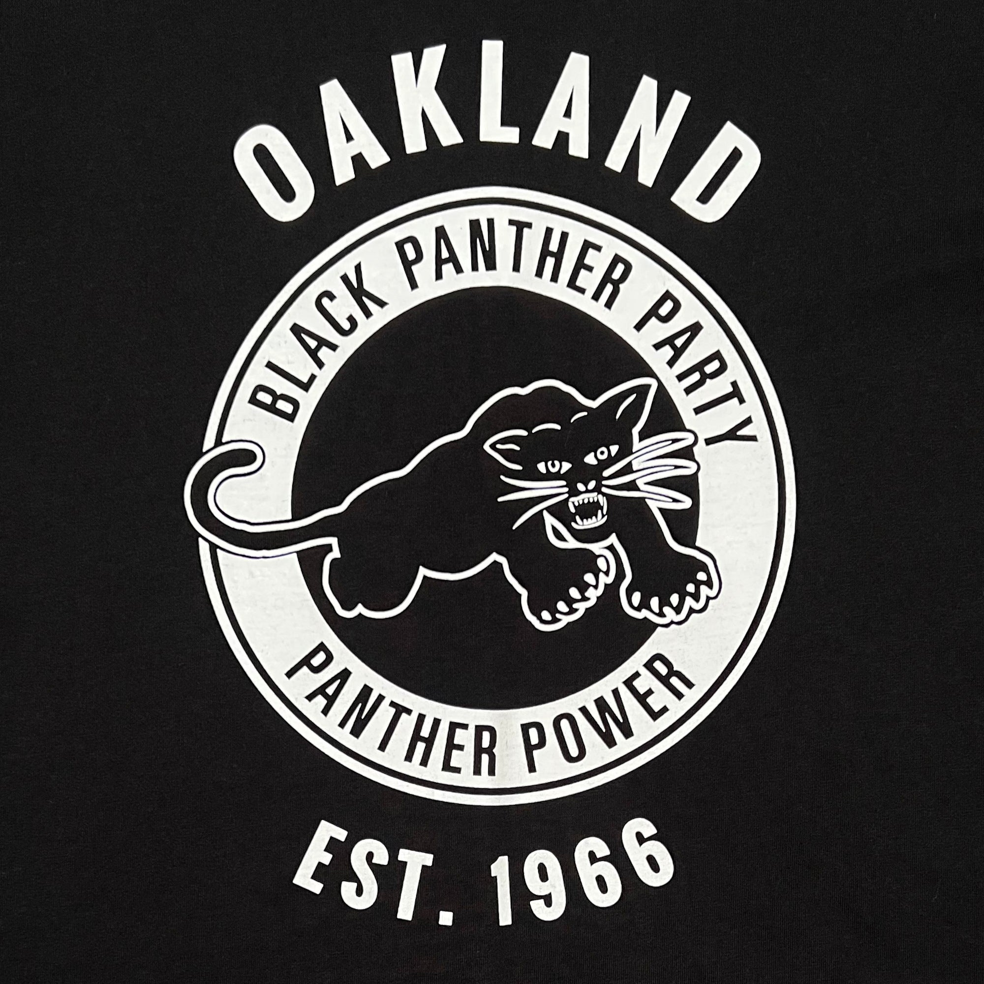 The Women's Black Panther Power Tee by Oaklandish features a circular logo with a poised black panther, accompanied by the words "Black Panther Power." The word "Oakland" is above the circle and "Est. 1966" below, all set against a striking black background with white text and imagery that pays homage to one of the era's most impactful community organizations.